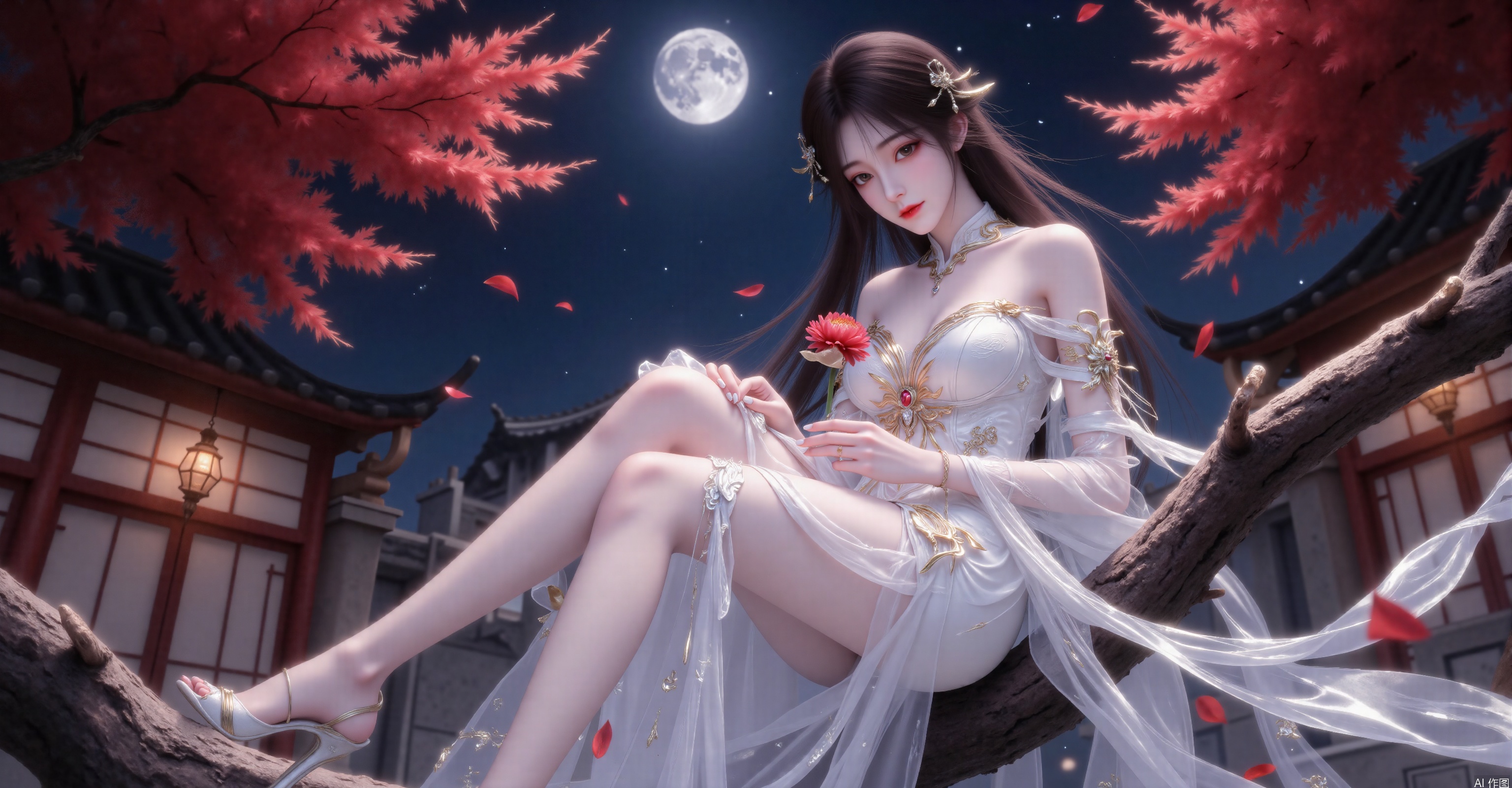 Character Features:


• Appearance:Long hair with smooth strands,dark-colored hair,exquisite makeup,deep eyes,a high-bridged nose,rosy lips,and a lovely smile on her face.


• Clothing:Traditional Chinese ancient costume,featuring a white and translucent,thin-textured dress with an off-shoulder design.

Scene Elements:


• Environment:It is a night scene,with a moon in the sky,set in an ancient-styled courtyard.The background includes red-colored trees with falling red-colored petals,and a starry sky.The girl is sitting on a tree branch.


• Props:A red flower held in her hand.

Overall Atmosphere:


• The overall atmosphere is beautiful,romantic,with an ancient-styled artistic conception,and carries a sense of tranquility and elegance.