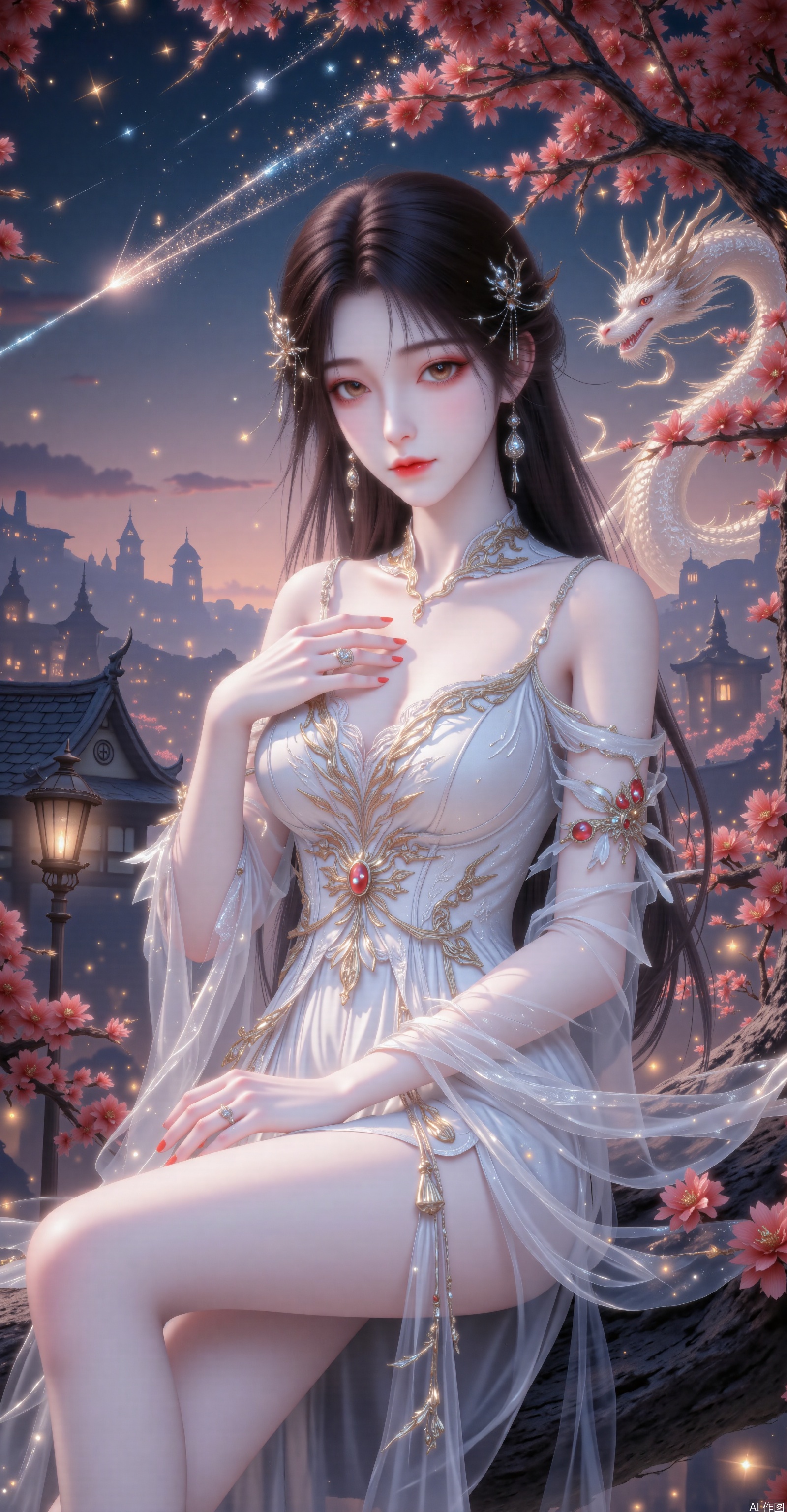Image Quality: Refreshing. 32K resolution. Close - up shot.
Character Description:
Appearance: Extremely delicate facial features. Danfeng eyes, eyebrows as slender as willow leaves, a cherry - like small mouth, and fair skin.
Hairstyle: Long black hair, adorned with exquisite hair ornaments.
Costume: Wears a white dress. The dress has intricate and elaborate patterns and decorations, exuding a sense of grandeur and dignity. Her legs are bare, long, and shapely. The perspective is from below, looking up at her.
Posture: Sits on a cherry blossom tree, with one hand resting on her chest, exuding an air of confidence and majesty. Her long and slender legs highlight her graceful figure.
Background: The background is a night scene with twinkling shooting stars and a star - filled night sky. The silhouettes of buildings are faintly visible in the distance, creating a mysterious and tranquil atmosphere. There is a glowing dragon in the picture, adding to the beauty of the scene.
Environment: Red flowers are in full bloom around her, and the trees are lush and verdant, adding vitality and beauty to the scene.
Accessories: Wears exquisite earrings.