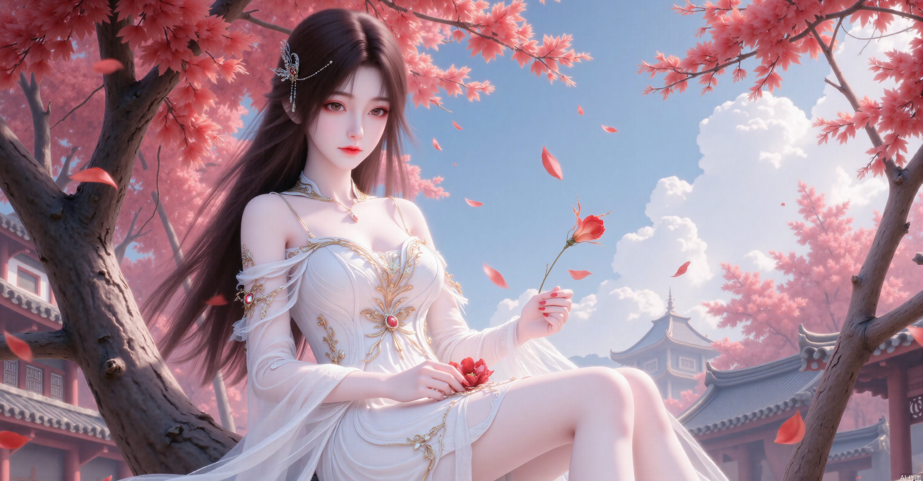Character Features:


• Appearance:Long hair with smooth strands,dark hair color,exquisite makeup,deep eyes,a high-bridged nose,rosy lips,and a lovely smile.


• Clothing:Traditional Chinese ancient costume,featuring a thin and translucent white dress with an off-shoulder design.

Scene Elements:


• Environment:An ancient-styled courtyard,with red-colored trees in the background,falling red-colored petals,and blue sky with white clouds.The girl is sitting on a tree branch.


• Props:A red flower held in hand.

Overall Atmosphere:


• The overall atmosphere is beautiful,romantic,with an ancient-styled artistic conception,and carries a sense of tranquility and elegance.