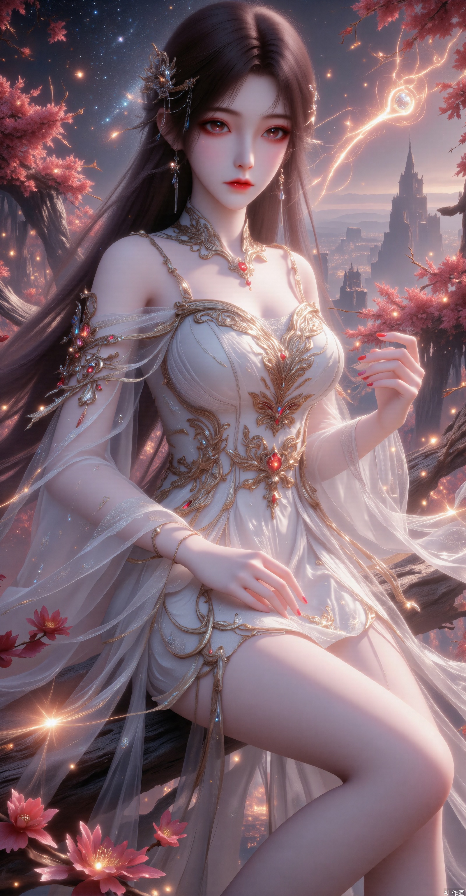 Image Quality: Refreshing. 32K resolution. Close - up shot.
Character Description:
Appearance: Extremely delicate facial features. Danfeng eyes, eyebrows as slender as willow leaves, a cherry - like small mouth, and fair skin.
Hairstyle: Long black hair, adorned with exquisite hair ornaments.
Costume: Wears a white dress. The dress has intricate and elaborate patterns and decorations, exuding a sense of grandeur and dignity. Her legs are bare, long, and shapely. The perspective is from below, looking up at her.
Posture: Sits on a cherry blossom tree, with one hand resting on her chest, exuding an air of confidence and majesty. Her long and slender legs highlight her graceful figure.
Background: The background is a night scene with twinkling shooting stars and a star - filled night sky. The silhouettes of buildings are faintly visible in the distance, creating a mysterious and tranquil atmosphere. There is a glowing dragon in the picture, adding to the beauty of the scene.
Environment: Red flowers are in full bloom around her, and the trees are lush and verdant, adding vitality and beauty to the scene.
Accessories: Wears exquisite earrings.