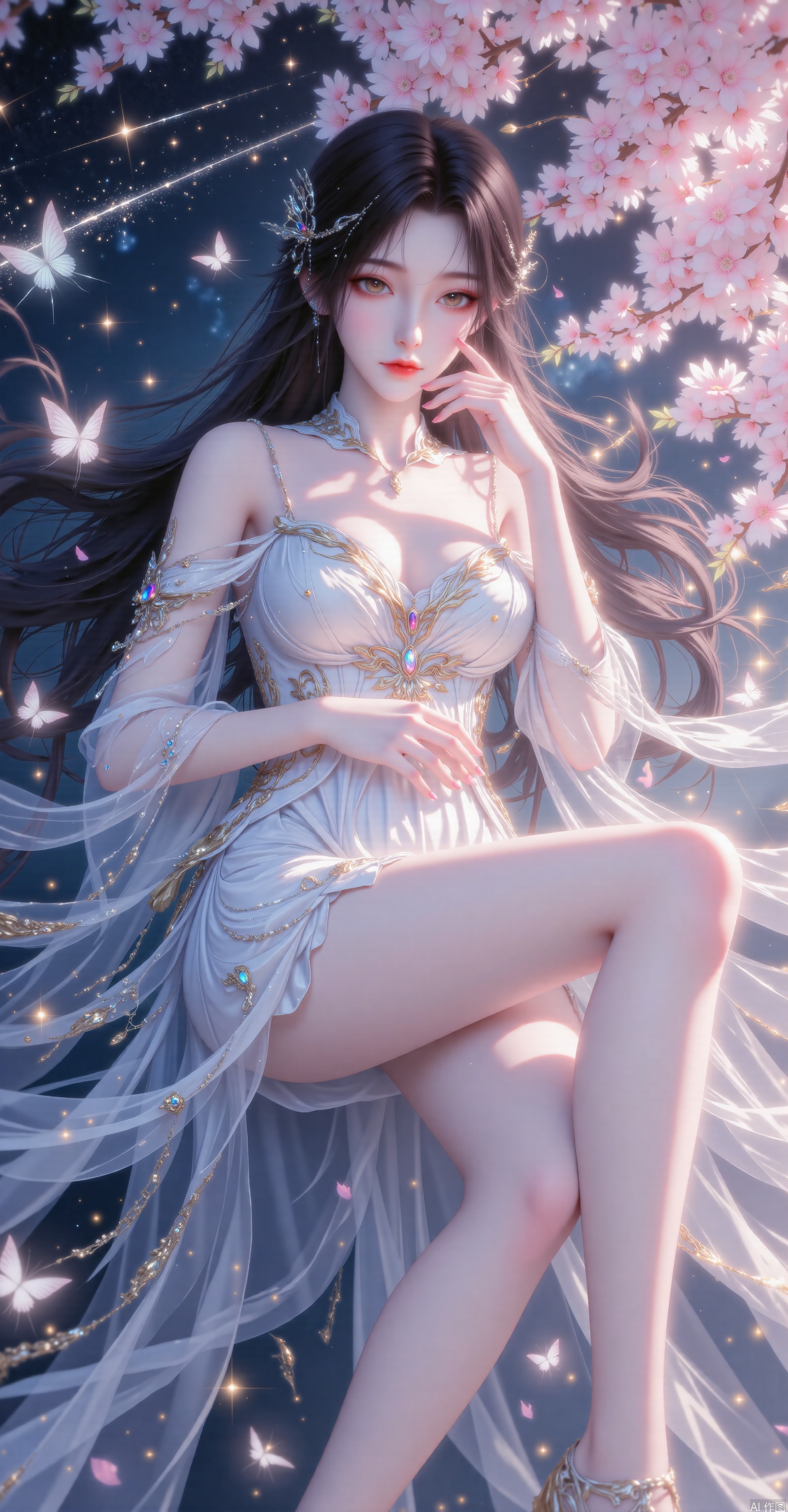In an ancient style, it's a close-up shot, exquisitely beautiful with 32K image quality, in the style of immortal and chivalry. There is long, jet-black hair. The facial features are delicate and exquisite. She is dressed in white classical clothing. With big, bright and lovely eyes, adorned with gems that emit white light. She has long and slender legs and wears delicate high-heeled shoes. There is a cherry blossom tree in the background. It is a night scene where shooting stars are shining brightly and starlight is in full bloom. Butterfly elements are integrated. She is in a floating and lying-down posture, with her legs bent, one hand gently touching her cheek and the other hand placed on her abdomen. The lighting is soft, the atmosphere is dreamy, with high resolution and rich details, and it has a beautiful artistic conception. Petals are falling, the skin is smooth, and the hair strands are flowing gracefully.