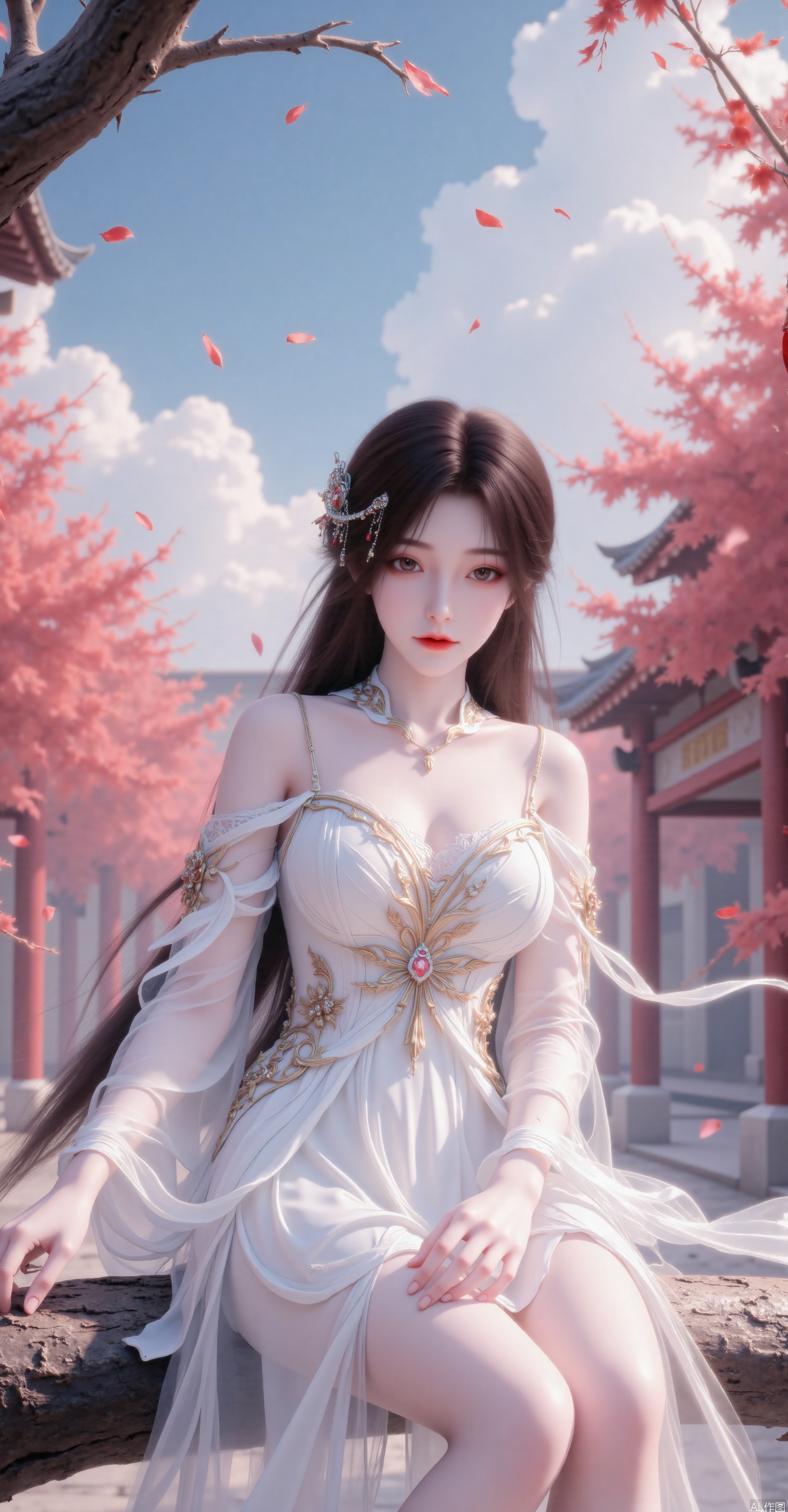 Character Features:


• Appearance:Long hair with smooth strands,dark hair color,exquisite makeup,deep eyes,a high-bridged nose,rosy lips,and a lovely smile.


• Clothing:Traditional Chinese ancient costume,featuring a thin and translucent white dress with an off-shoulder design.

Scene Elements:


• Environment:An ancient-styled courtyard,with red-colored trees in the background,falling red-colored petals,and blue sky with white clouds.The girl is sitting on a tree branch.


• Props:A red flower held in hand.

Overall Atmosphere:


• The overall atmosphere is beautiful,romantic,with an ancient-styled artistic conception,and carries a sense of tranquility and elegance.
