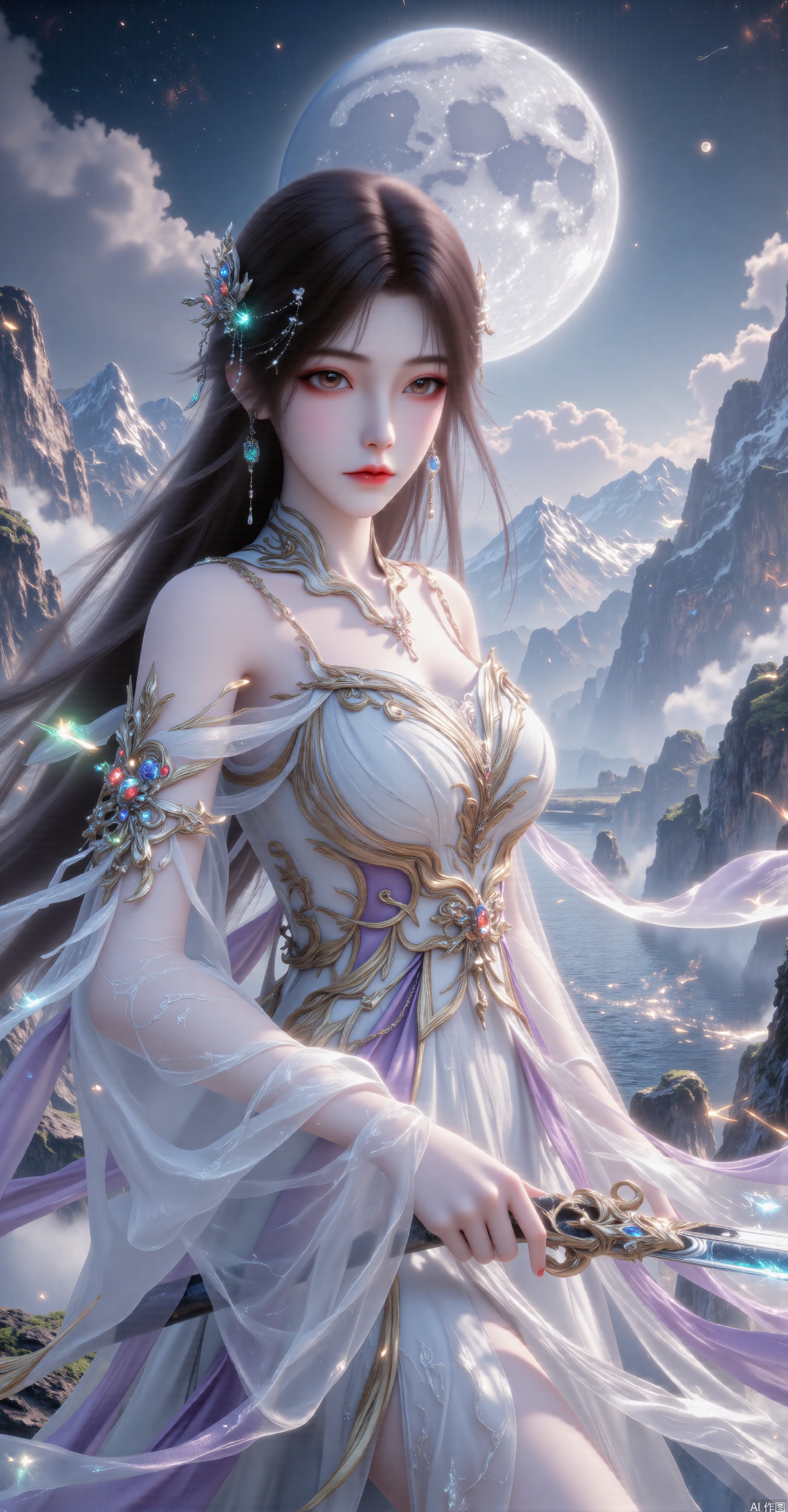 Character Features - Appearance: A 3D-rendered ancient-style Xianxia female character. Her facial features are three-dimensionally exquisite. Her eyebrows are like dark green feathers, and her eyes are bright and expressive, as cold as stars, exuding an otherworldly temperament. She has a straight nose and light-pink lips, with an inherent sense of cold detachment. Her skin is delicate and smooth, as if there is a faint shimmer. - Hairstyle: She has long yellow hair. Several strands of hair fall naturally and flutter in the wind, adding a sense of agility. She wears exquisite hair ornaments. - Costume: An ancient-style long dress in white, purple and yellow is made of light, semi-transparent gauze fabric, dotted with tiny silver light points, like twinkling stars. The shoulders and cuffs are decorated with blue ice-crystal-like ornaments, echoing the hair ornaments. The collar and hem of the dress have delicate hidden-pattern embroidery, and the waist is cinched with a same-color ribbon to highlight the slender waist. Posture and Gesture She stands sideways, holding a long sword. The hilt is decorated with blue gemstones and silver ornaments, and the blade shines with an ice-blue light, as if containing powerful energy. Her posture is upright. She slightly turns her head to one side, with a firm and domineering gaze, showing an otherworldly and awe-inspiring Xianxia demeanor. Background Environment - Main Elements: A bright full moon hangs high in the sky, casting a cold and clear radiance. In the distance are continuous snow-capped mountains, whose peaks glisten with a silver-white light under the moonlight. Mist shrouds the mountainsides, making it seem like a fairyland. There is a lake nearby, and the surface of the lake is as calm as a mirror, reflecting the surrounding scenery. - Overall Atmosphere: Clouds of various shapes float in the sky, tinged with a silver edge by the moonlight. The overall color scheme is dominated by cool tones, creating an ethereal, cold, and domineering Xianxia atmosphere, as if one is in a transcendent and mysterious Xianxia world full of power. Visual Effects - Image Quality: Ultra-high resolution. Details such as the character's hair strands, clothing textures, and the snow-capped mountains and clouds in the background are all clearly distinguishable and depicted in great detail. - Light and Shadow: The light and shadow effects are delicate. The moonlight casts natural light and dark transitions on the character and the scenery. The light points on the character and the glow of the sword are even more eye-catching under the contrast of light and shadow, enhancing the three-dimensionality of the picture and the visual impact, and highlighting the domineering Xianxia artistic conception.