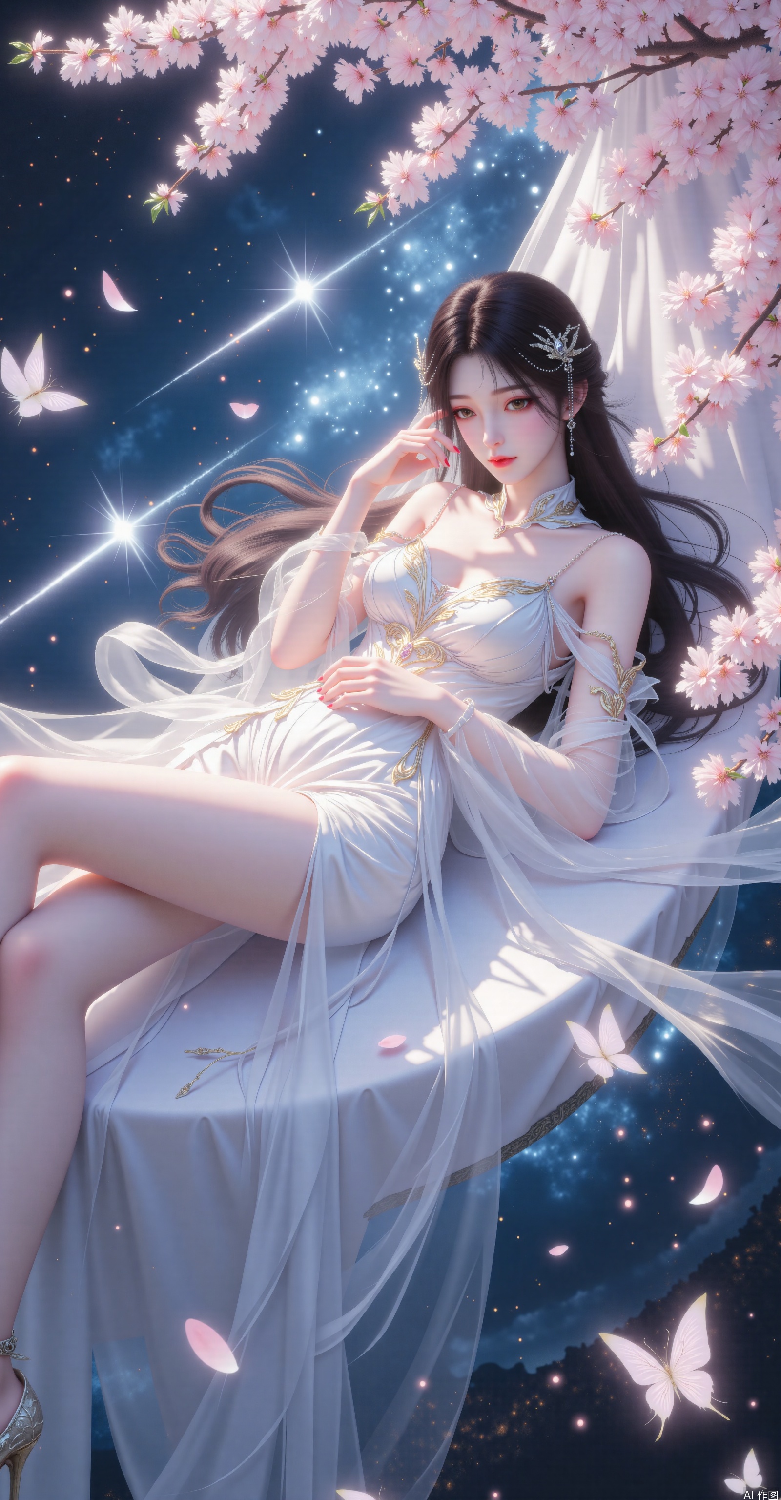 In an ancient style, it's a close-up shot, exquisitely beautiful with 32K image quality, in the style of immortal and chivalry. There is long, jet-black hair. The facial features are delicate and exquisite. She is dressed in white classical clothing. With big, bright and lovely eyes, adorned with gems that emit white light. She has long and slender legs and wears delicate high-heeled shoes. There is a cherry blossom tree in the background. It is a night scene where shooting stars are shining brightly and starlight is in full bloom. Butterfly elements are integrated. She is in a floating and lying-down posture, with her legs bent, one hand gently touching her cheek and the other hand placed on her abdomen. The lighting is soft, the atmosphere is dreamy, with high resolution and rich details, and it has a beautiful artistic conception. Petals are falling, the skin is smooth, and the hair strands are flowing gracefully.