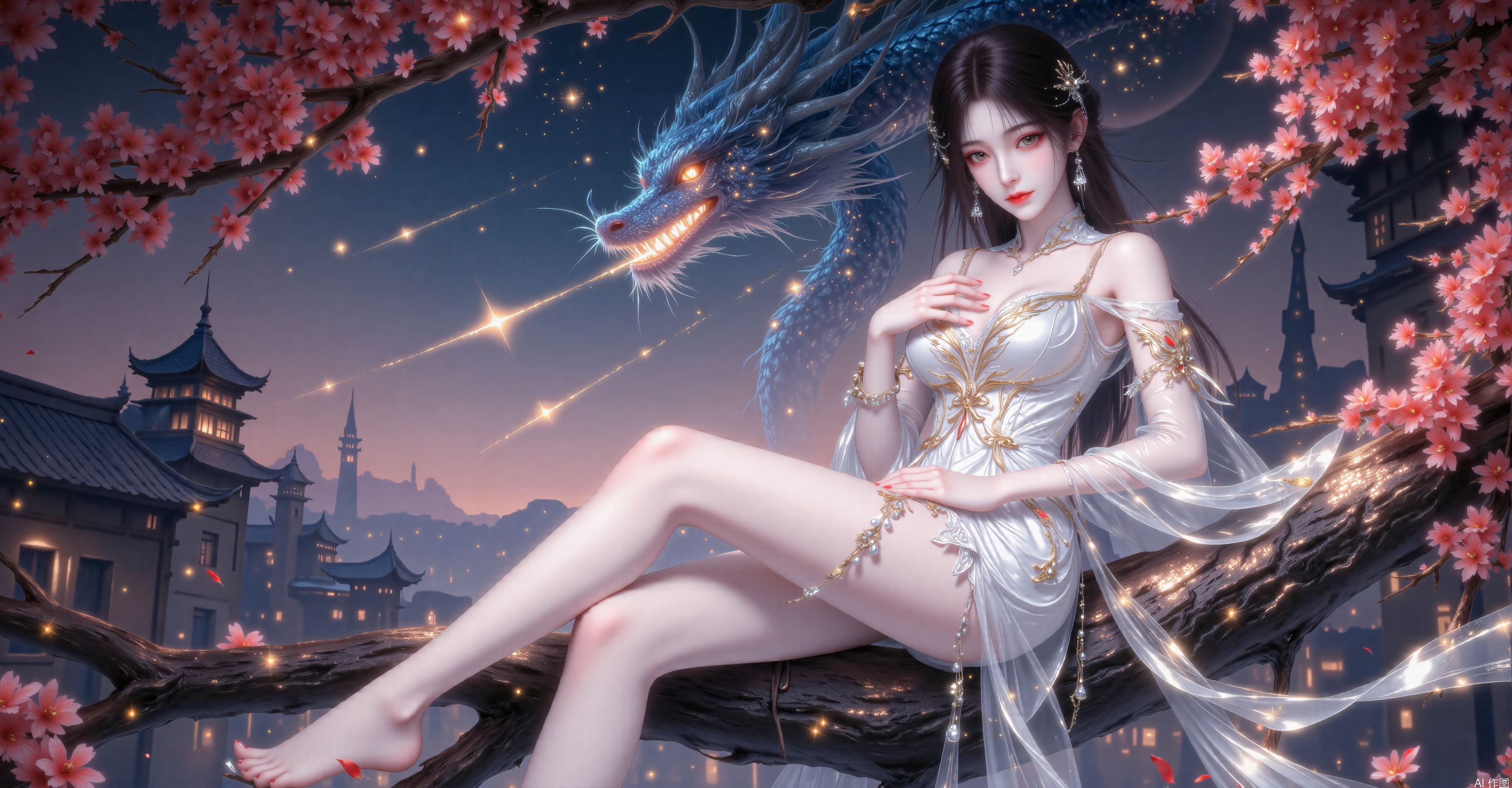 Image Quality: Refreshing. 32K resolution. Close - up shot.
Character Description:
Appearance: Extremely delicate facial features. Danfeng eyes, eyebrows as slender as willow leaves, a cherry - like small mouth, and fair skin.
Hairstyle: Long black hair, adorned with exquisite hair ornaments.
Costume: Wears a white dress. The dress has intricate and elaborate patterns and decorations, exuding a sense of grandeur and dignity. Her legs are bare, long, and shapely. The perspective is from below, looking up at her.
Posture: Sits on a cherry blossom tree, with one hand resting on her chest, exuding an air of confidence and majesty. Her long and slender legs highlight her graceful figure.
Background: The background is a night scene with twinkling shooting stars and a star - filled night sky. The silhouettes of buildings are faintly visible in the distance, creating a mysterious and tranquil atmosphere. There is a glowing dragon in the picture, adding to the beauty of the scene.
Environment: Red flowers are in full bloom around her, and the trees are lush and verdant, adding vitality and beauty to the scene.
Accessories: Wears exquisite earrings.