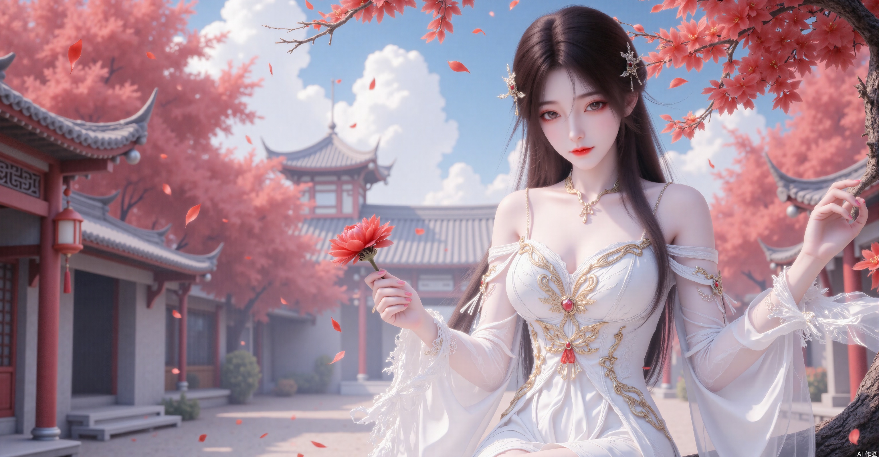 Character Features:


• Appearance:Long hair with smooth strands,dark hair color,exquisite makeup,deep eyes,a high-bridged nose,rosy lips,and a lovely smile.


• Clothing:Traditional Chinese ancient costume,featuring a thin and translucent white dress with an off-shoulder design.

Scene Elements:


• Environment:An ancient-styled courtyard,with red-colored trees in the background,falling red-colored petals,and blue sky with white clouds.The girl is sitting on a tree branch.


• Props:A red flower held in hand.

Overall Atmosphere:


• The overall atmosphere is beautiful,romantic,with an ancient-styled artistic conception,and carries a sense of tranquility and elegance.