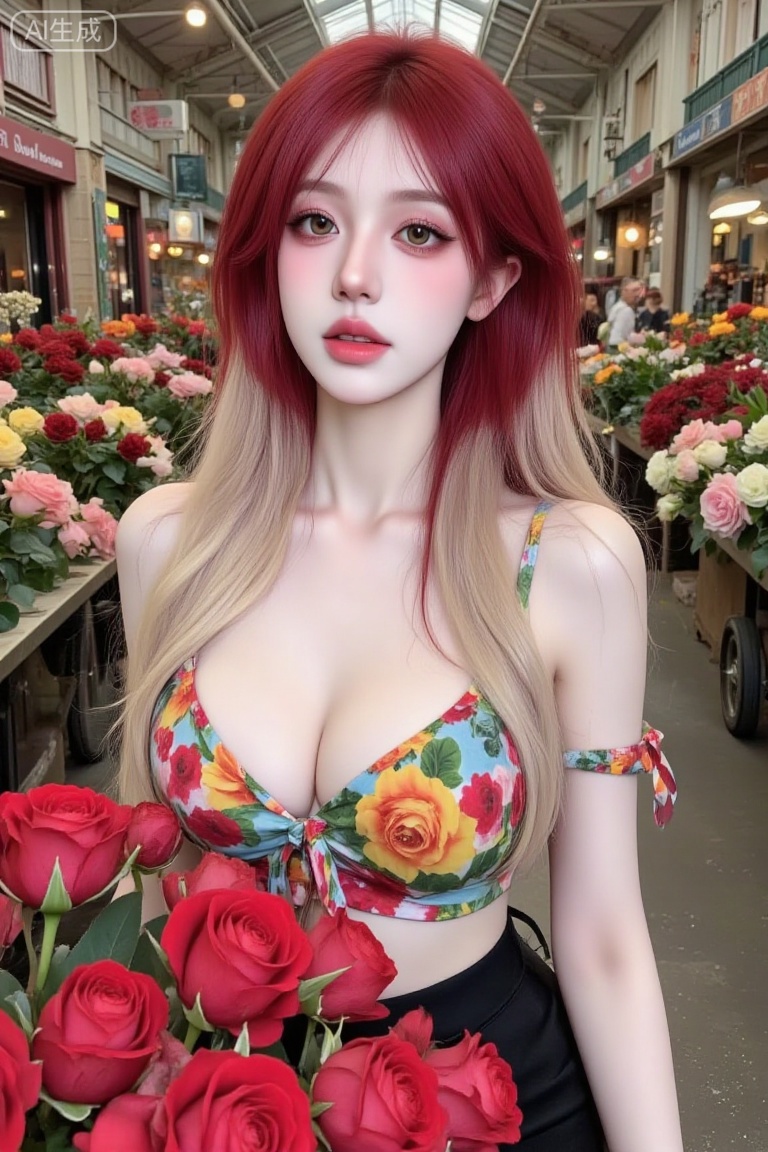 masterpiece, best quality, hyper-realistic photo, 8k, UHD, a beautiful young woman with doll makeup, vivid circle lenses, big doe eyes, puppy eyeliner, exaggerated fake lower lash line drawn below the eye, thick top eyelashes and spiky, separated lower lashes, flawless skin texture, bold defined eyebrows, pouty matte pink lips, aegyo sal, facing camera, a beautiful young woman with delicate and charming facial features, a slender, toned woman with a captivating, naturally curvacious hourglass figure, a captivating upper contour, her hair has a Dip Dye of tulip red on a blonde base, she has an excited, overwhelmed, joyful expression, catchlights in eyes, wearing a vibrant, colorful off-shoulder top, medium shot, at a bustling Dutch flower auction, surrounded by carts loaded with millions of colorful flowers, the scene is a riot of color and activity, (sandwich composition: foreground of a cart of roses, mid-ground of the woman, background of the chaotic, colorful auction house).
