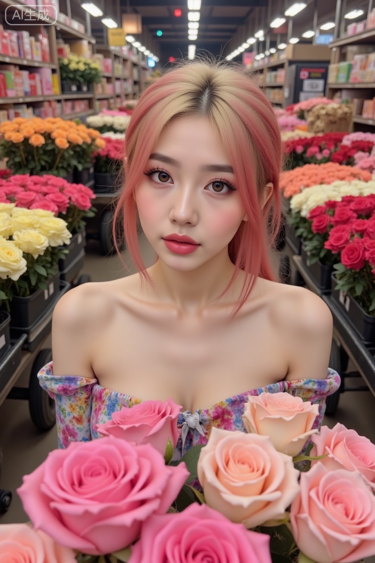 masterpiece, best quality, hyper-realistic photo, 8k, UHD, a beautiful young woman with doll makeup, vivid circle lenses, big doe eyes, puppy eyeliner, exaggerated fake lower lash line drawn below the eye, thick top eyelashes and spiky, separated lower lashes, flawless skin texture, bold defined eyebrows, pouty matte pink lips, aegyo sal, facing camera, a beautiful young woman with delicate and charming facial features, a slender, toned woman with a captivating, naturally curvacious hourglass figure, a captivating upper contour, her hair has a Dip Dye of tulip red on a blonde base, she has an excited, overwhelmed, joyful expression, catchlights in eyes, wearing a vibrant, colorful off-shoulder top, medium shot, at a bustling Dutch flower auction, surrounded by carts loaded with millions of colorful flowers, the scene is a riot of color and activity, (sandwich composition: foreground of a cart of roses, mid-ground of the woman, background of the chaotic, colorful auction house).
