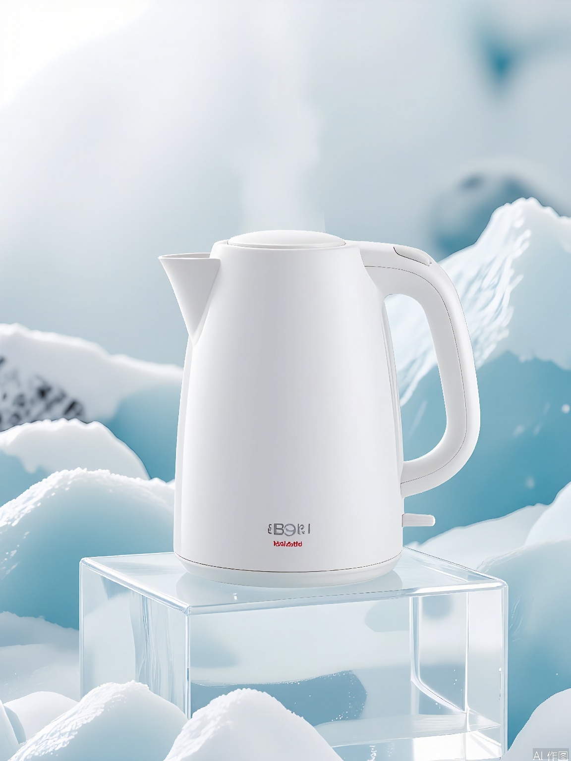 BKCJ, A high-quality, high-resolution photograph of a sleek, white electric kettle with a gooseneck spout, standing on a bed of ice cubes. The kettle has a precision pour design and a temperature control panel, symbolizing craftsmanship and control. The backdrop features an icy studio with frost-covered equipment and a soft, diffused light, creating a focused, artistic atmosphere. The lighting is even, highlighting the kettle's clean lines and the ice's texture. The kettle is placed off-center, with steam rising from the spout.