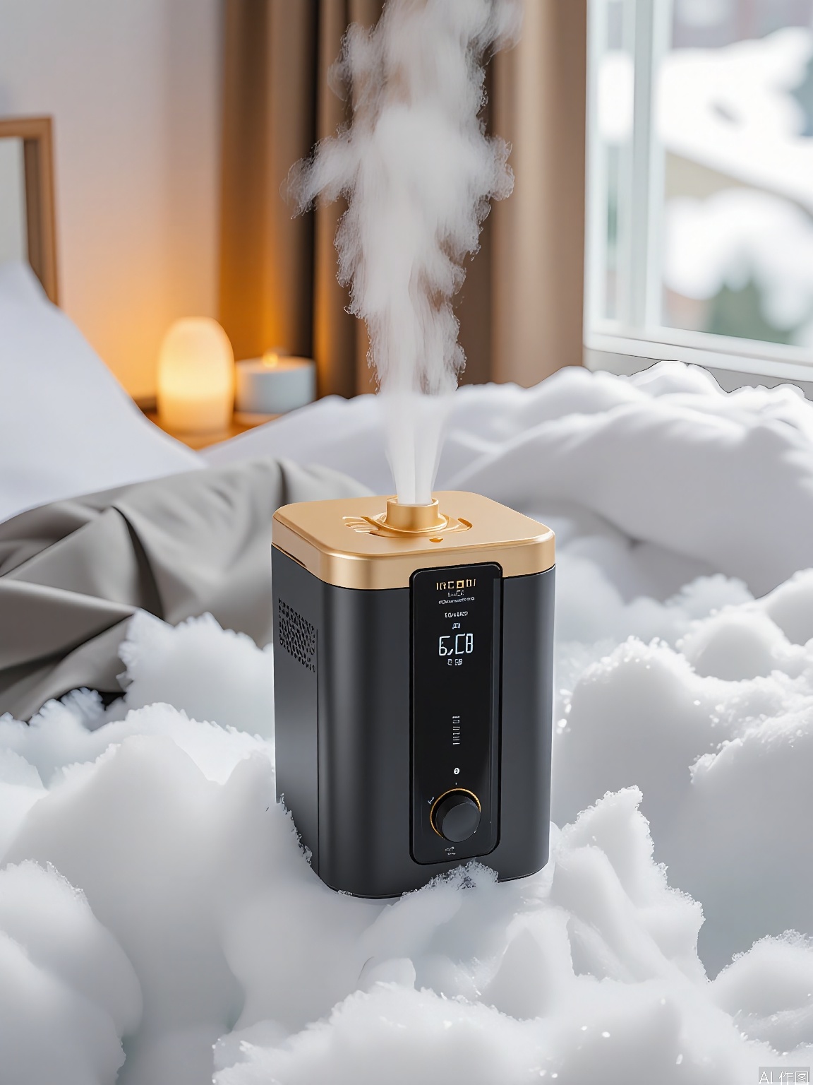 BKCJ, A high-quality, high-resolution photograph of a sleek, black-and-gold humidifier with a mist nozzle, perched on a pile of crushed ice. The humidifier has a modern design with a digital display and a remote control, symbolizing comfort and innovation. The backdrop features a frosty bedroom with snow-covered windows and a soft, amber nightlight, creating a cozy, soothing environment. The lighting is warm, enhancing the humidifier's metallic accents and the ice's coolness. The humidifier is slightly tilted, with mist rising from the nozzle.