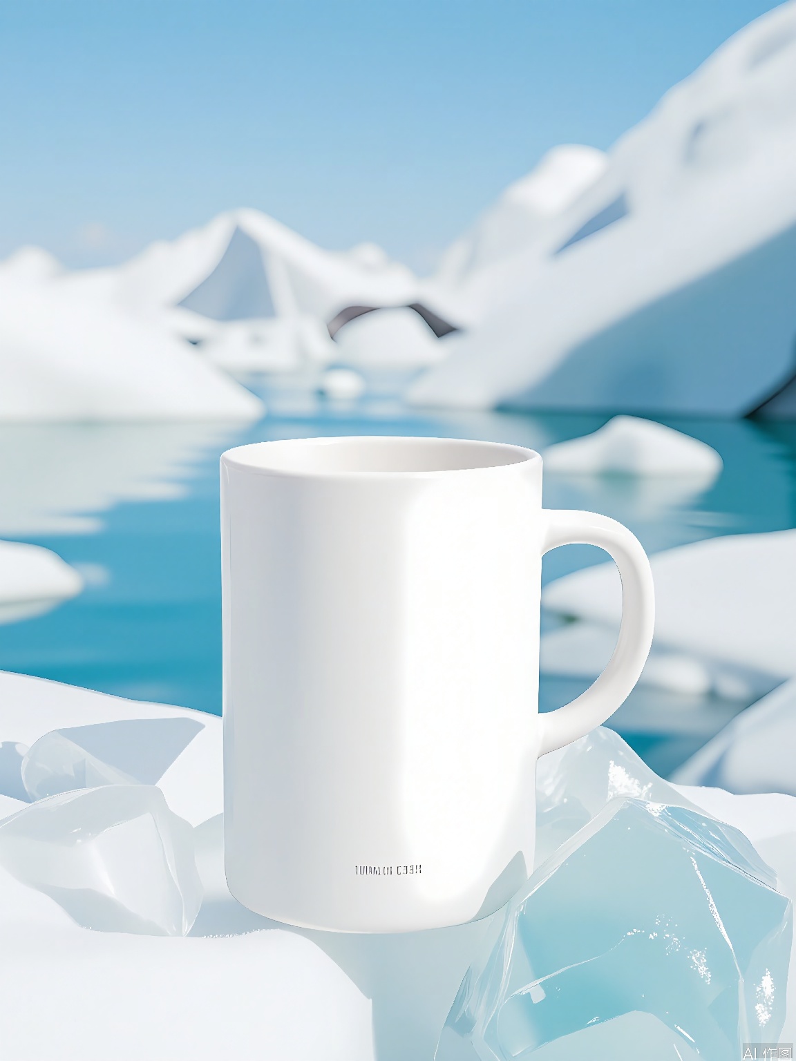 BKCJ, A high-quality, high-resolution photograph of a minimalist, white ceramic mug with a handle, nestled in a bed of ice cubes. The mug has a smooth finish and a subtle geometric pattern, exuding simplicity and elegance. The backdrop features a glacial lake with floating icebergs and a clear, azure sky, creating a peaceful, refreshing scene. The lighting is bright, enhancing the mug's pure white color against the icy blue tones. The mug is placed off-center, with ice reflecting the sky's hue.