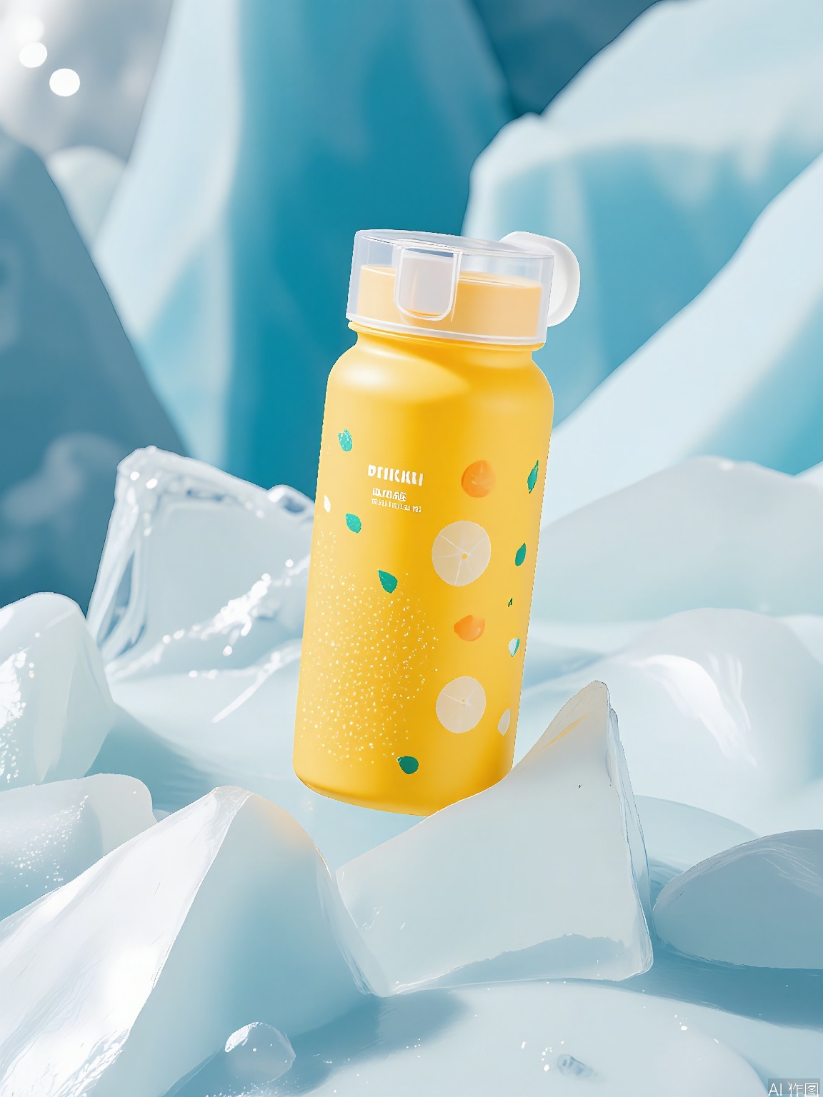 BKCJ, A high-quality, high-resolution photograph of a vibrant, citrus-colored reusable water bottle with a flip-top lid, perched on a mound of ice cubes. The bottle has a textured grip and a playful fruit pattern, exuding energy and freshness. The backdrop depicts an icy cavern with shimmering ice walls and a cool, blue tint, evoking a sense of purity and hydration. The lighting is bright yet diffused, highlighting the bottle's bold hues against the frosty setting. The bottle is angled diagonally, with ice crystals catching the light around it.