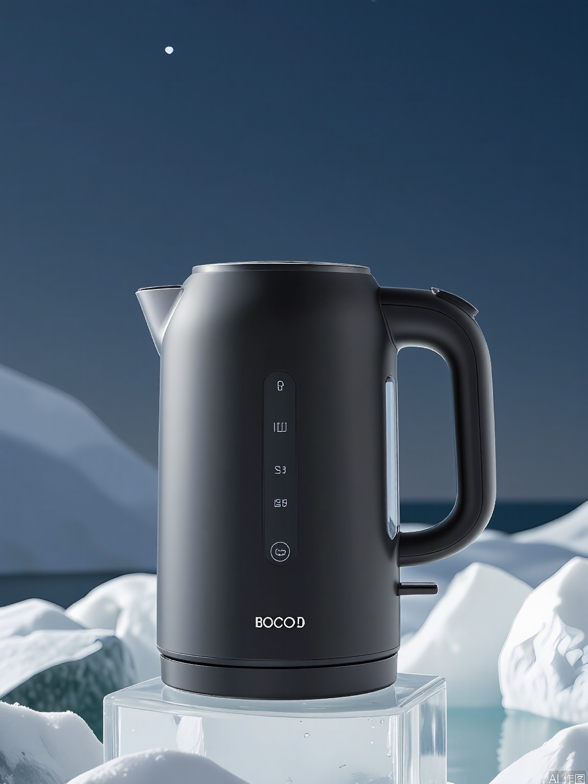 BKCJ, A high-quality, high-resolution photograph of a sleek, black electric kettle with a digital display, standing tall on a platform of ice. The kettle has a matte surface and a streamlined silhouette, symbolizing efficiency and modernity. The backdrop showcases an arctic tundra with icy plains and a starry night sky, creating a serene, otherworldly atmosphere. The lighting is subtle, emphasizing the kettle's sharp lines and glowing display. The kettle is positioned to the left, with ice reflecting the faint starlight.