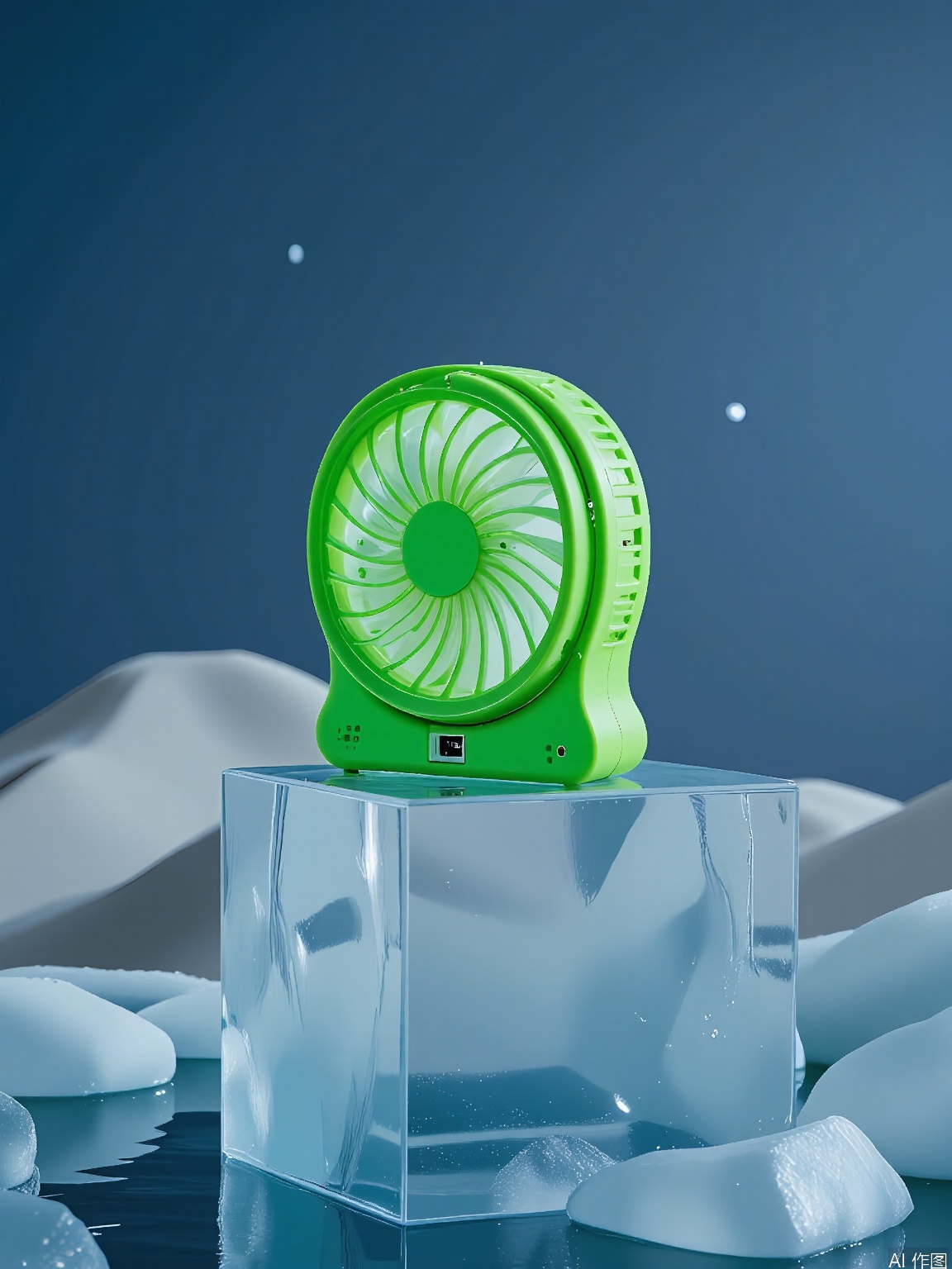 BKCJ, A high-quality, high-resolution photograph of a vibrant, neon-green portable fan with a foldable design, sitting on a block of ice. The fan has adjustable blades and a USB charging port, perfect for staying cool on the go. The background showcases an icy desert with sand dunes and a starry night sky, blending heat and cold in a surreal contrast. The lighting is moody, casting long shadows that add depth to the fan's compact form. The fan is centered, with ice reflecting the faint starlight.