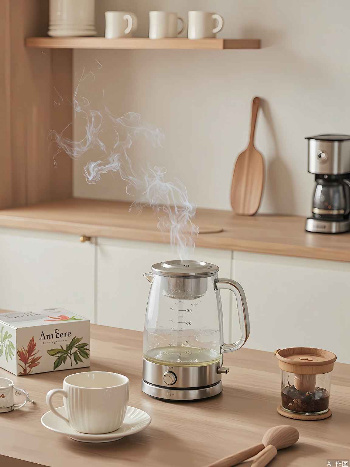 CFCJ, Photograph of a minimalist kitchen with a glass electric kettle on a light wood countertop. The kettle is boiling, with steam rising from the spout. The countertop has a mug, a tea infuser, and a box of tea bags. In the background, there are open shelves with mugs, a stainless steel coffee maker on a counter, and a few wooden spoons. The lighting is bright, casting a warm glow. The overall aesthetic is simple and serene.