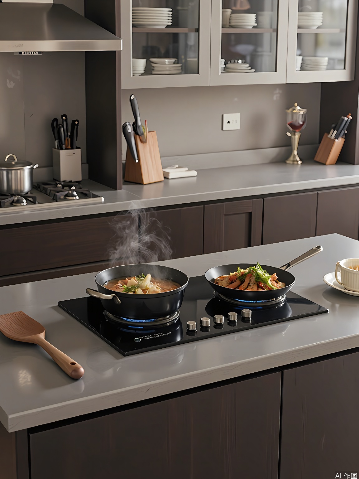 CFCJ, Photograph of a sleek kitchen showcasing a black induction cooktop on a stainless steel countertop. The cooktop has a pot of simmering soup and a sauté pan with stir-fried vegetables. The countertop holds a wooden spatula, a ladle, and a stack of ceramic bowls. In the background, there are glass-front cabinets, a stainless steel oven, and a set of kitchen knives. The lighting is focused, casting dramatic shadows. The overall aesthetic is contemporary and efficient.