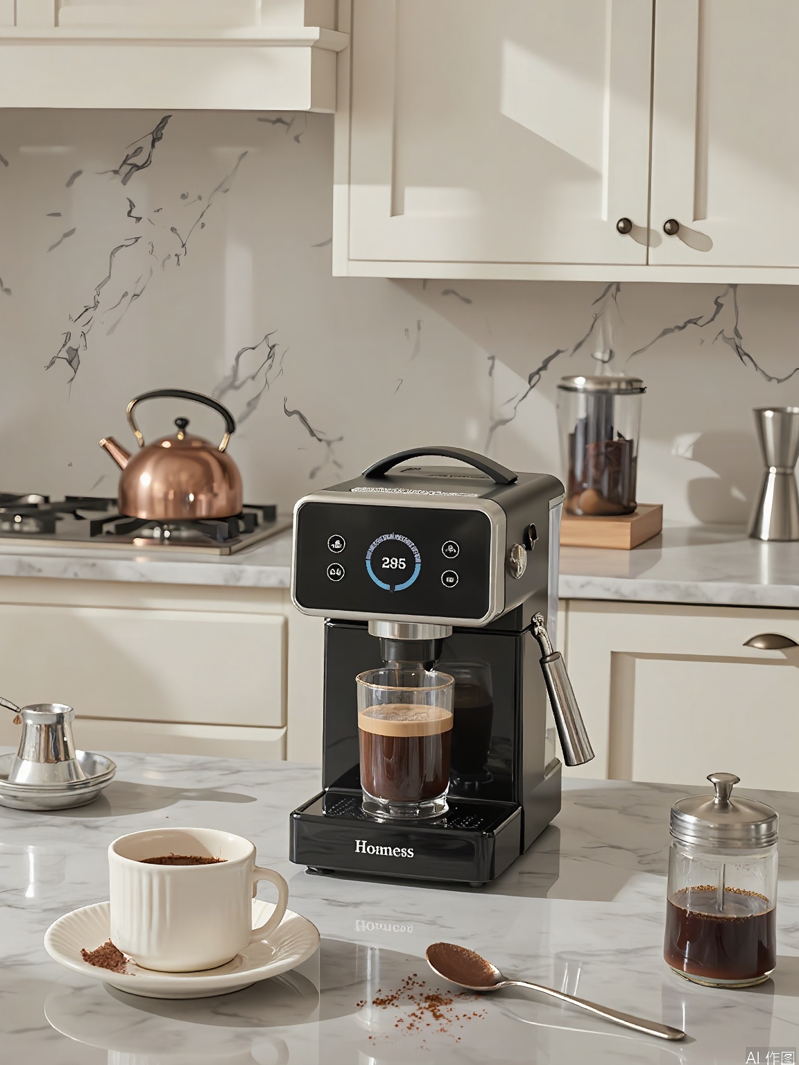 CFCJ, Photograph of a contemporary kitchen featuring a sleek black espresso machine on a marble countertop. The machine has a polished metal finish and a digital display showing a brewing process. The countertop holds a small porcelain cup of freshly brewed espresso, a sprinkle of cocoa powder, and a silver spoon. In the background, there are white shaker-style cabinets, a copper kettle on a stovetop, and a set of stainless steel coffee accessories. The lighting is natural, creating gentle highlights and shadows. The overall aesthetic is modern and sophisticated.