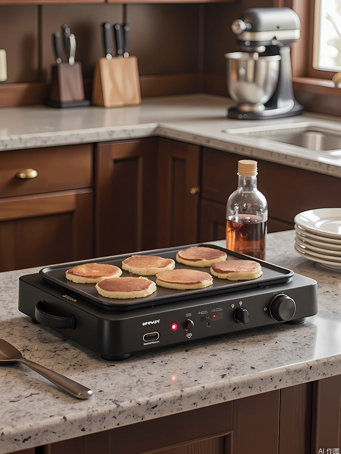 CFCJ, Photograph of a modern kitchen showcasing a black electric skillet on a granite countertop. The skillet has a batch of pancakes cooking. The countertop holds a spatula, a bottle of maple syrup, and a stack of plates. In the background, there are dark wood cabinets, a stainless steel stand mixer on a counter, and a set of kitchen knives. The lighting is soft, creating a cozy atmosphere. The overall aesthetic is homey and inviting.