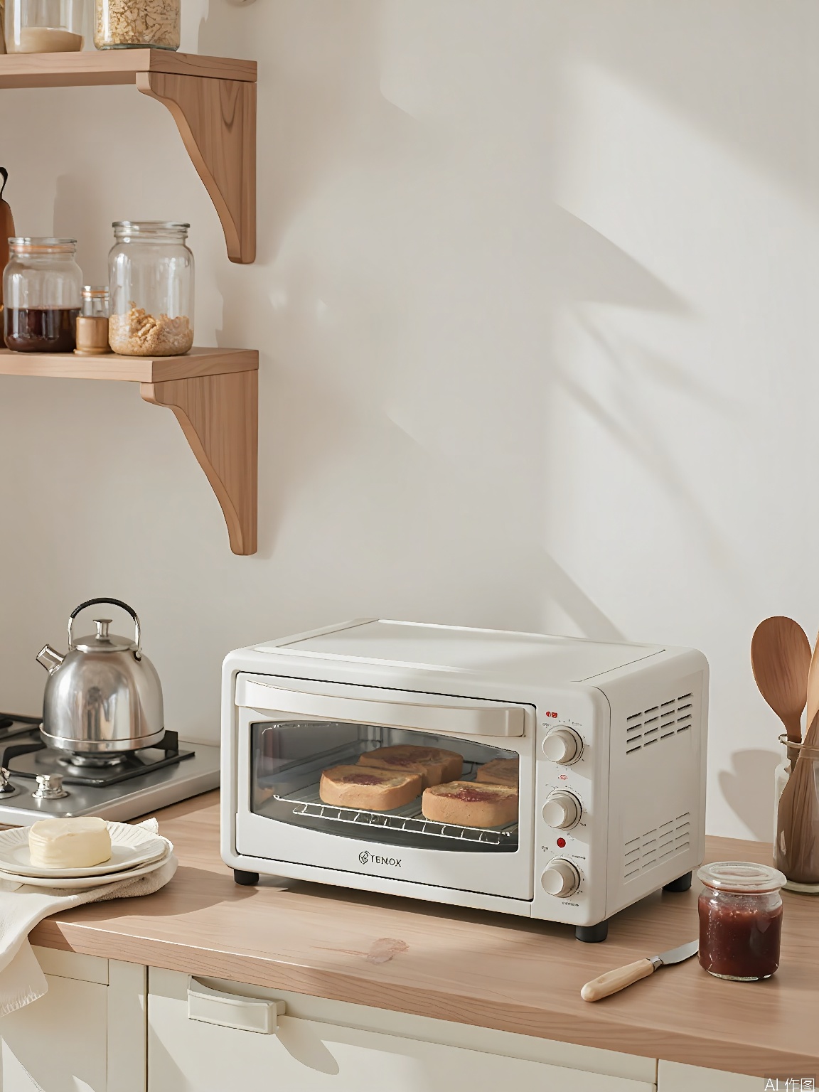 CFCJ, Photograph of a minimalist kitchen with a white toaster oven on a light wood countertop. The oven door is open, revealing a tray of golden-brown toast. The countertop has a small jar of jam, a butter knife, and a linen napkin. In the background, there are open shelves with glass jars, a stainless steel tea kettle on a stovetop, and a few wooden cooking utensils. The lighting is bright, casting clean shadows. The overall aesthetic is fresh and airy.