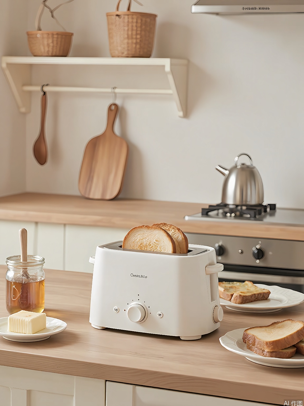 CFCJ, Photograph of a minimalist kitchen with a white toaster on a light wood countertop. The toaster is toasting slices of bread. The countertop has a butter dish, a jar of honey, and a plate of toast. In the background, there are open shelves with bread baskets, a stainless steel kettle on a stove, and a few wooden utensils. The lighting is bright, casting a warm glow. The overall aesthetic is simple and comforting.