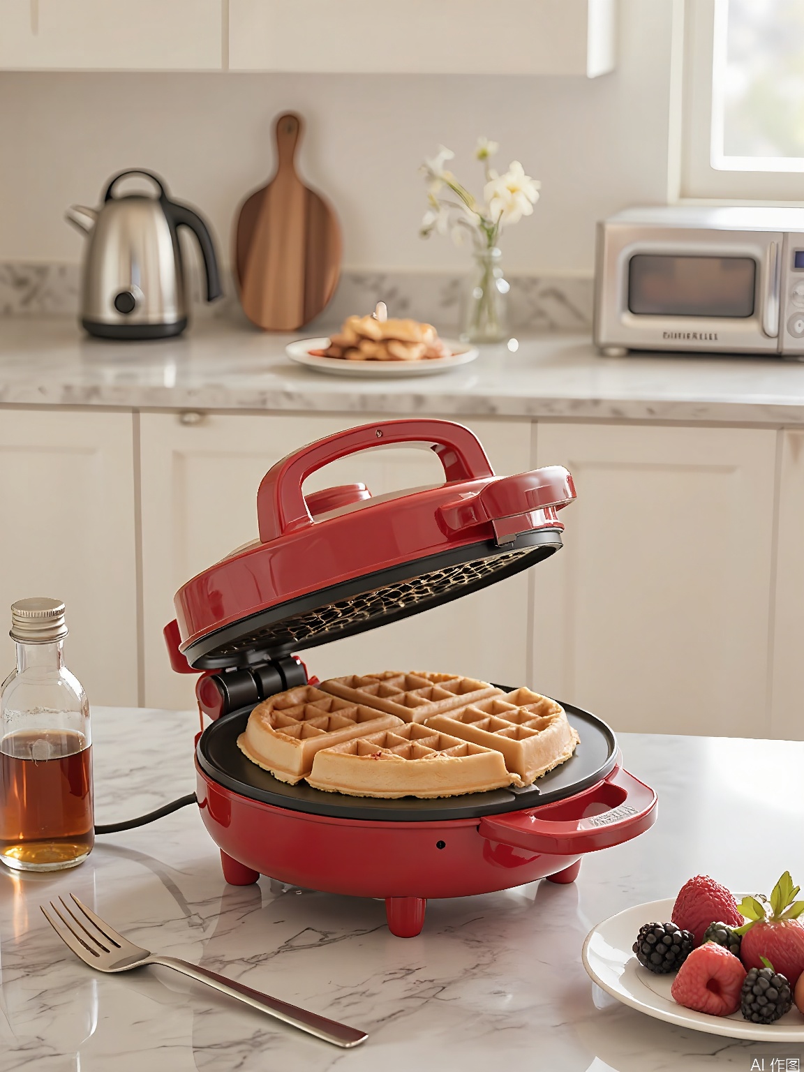 CFCJ, Photograph of a sleek kitchen featuring a red waffle maker on a quartz countertop. The waffle maker is open, revealing golden-brown waffles. The countertop has a plate of fresh berries, a bottle of maple syrup, and a fork. In the background, there are white flat-panel cabinets, a stainless steel toaster oven on a counter, and a few wooden serving trays. The lighting is warm, enhancing the waffle maker's vibrant color. The overall aesthetic is playful and inviting.