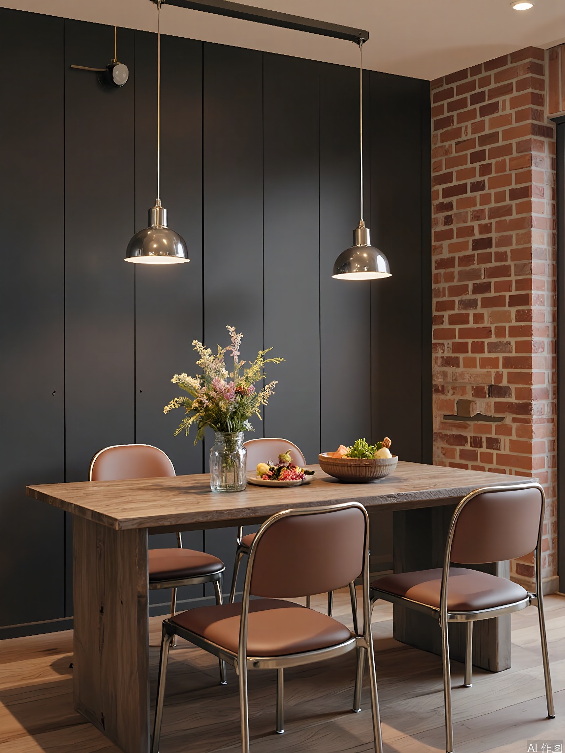 CTZX, A modern farmhouse dining room with a rustic-industrial aesthetic, featuring a reclaimed wood table and six mismatched chairs in various shades of brown and gray. The chairs have leather cushions and metal frames. The table is set with a mason jar filled with wildflowers and a wooden bowl of fresh vegetables. Three pendant lights with metal shades and Edison bulbs hang above the table, casting a warm, inviting light. The background wall is made of exposed brick, and the floor is covered in wide-plank wood with a distressed finish. The overall style is cozy and inviting, with a focus on natural materials and a lived-in feel.