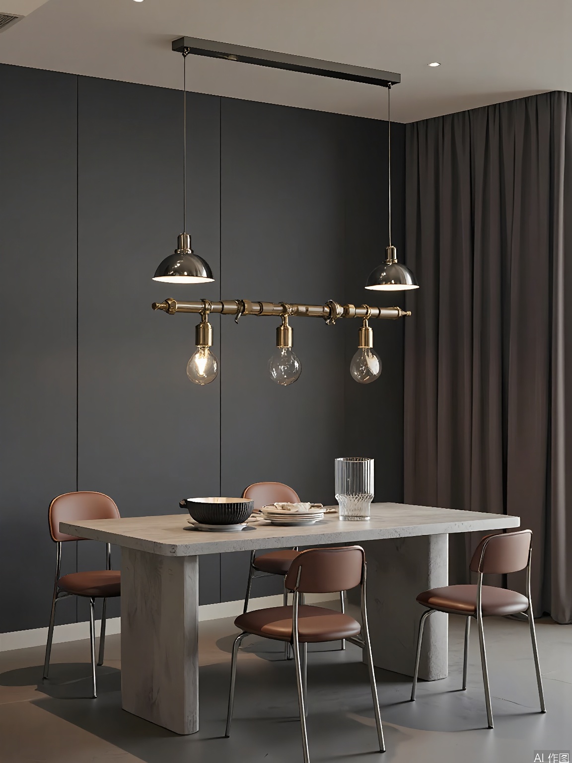CTZX, A modern dining room with an industrial aesthetic, featuring a concrete table and four metal chairs with leather seats. The chairs have a sleek, minimalist design. The table is set with a geometric glass vase and a set of black and white ceramic plates. Three pendant lights with exposed bulbs hang above the table, casting a harsh, industrial light. The background wall is painted in a dark gray, and the floor is covered in polished concrete. The overall style is edgy and contemporary, with a focus on raw materials and a utilitarian design.