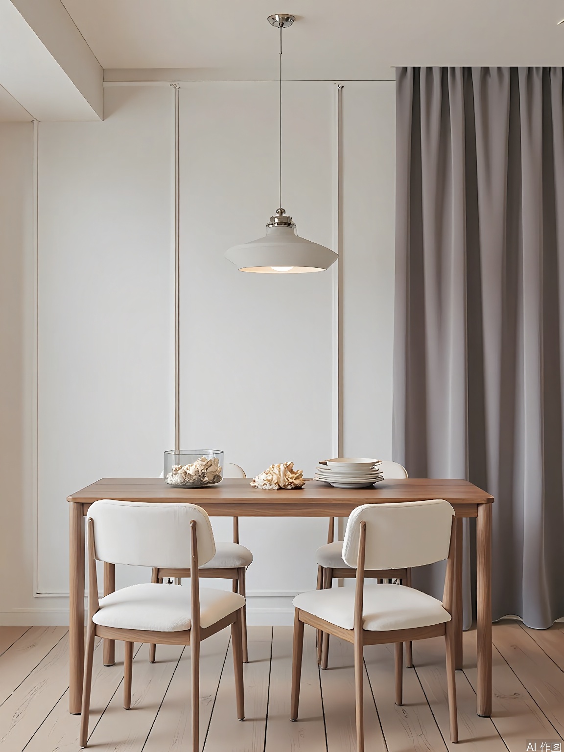 CTZX, A Scandinavian dining room with a minimalist aesthetic, featuring a light wood table and four chairs with white upholstery and natural wood legs. The chairs have a simple, understated design. The table is set with a small glass bowl of seashells and a set of white ceramic plates. A pendant light with a linen shade hangs above the table, casting a soft, natural light. The background wall is painted in a pale gray, and the floor is covered in light wood planks. The overall style is clean and uncluttered, with a focus on natural materials and a neutral color palette.