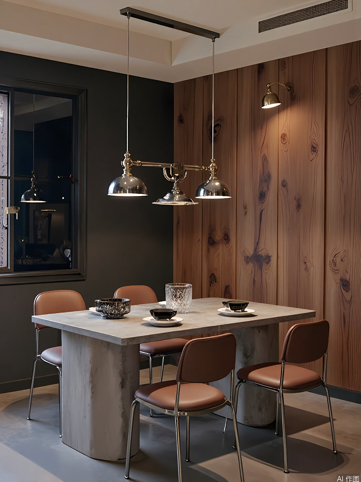CTZX, A contemporary dining room with an industrial-chic aesthetic, featuring a concrete table and four chairs with leather seats and metal frames. The chairs have a sleek, minimalist design. The table is set with a geometric glass vase and a set of black and white ceramic plates. Three pendant lights with exposed bulbs and metal shades hang above the table, casting a harsh, industrial light. The background wall is made of reclaimed wood, and the floor is covered in polished concrete with a textured finish. The overall style is edgy and urban, with a focus on raw materials and a utilitarian design.