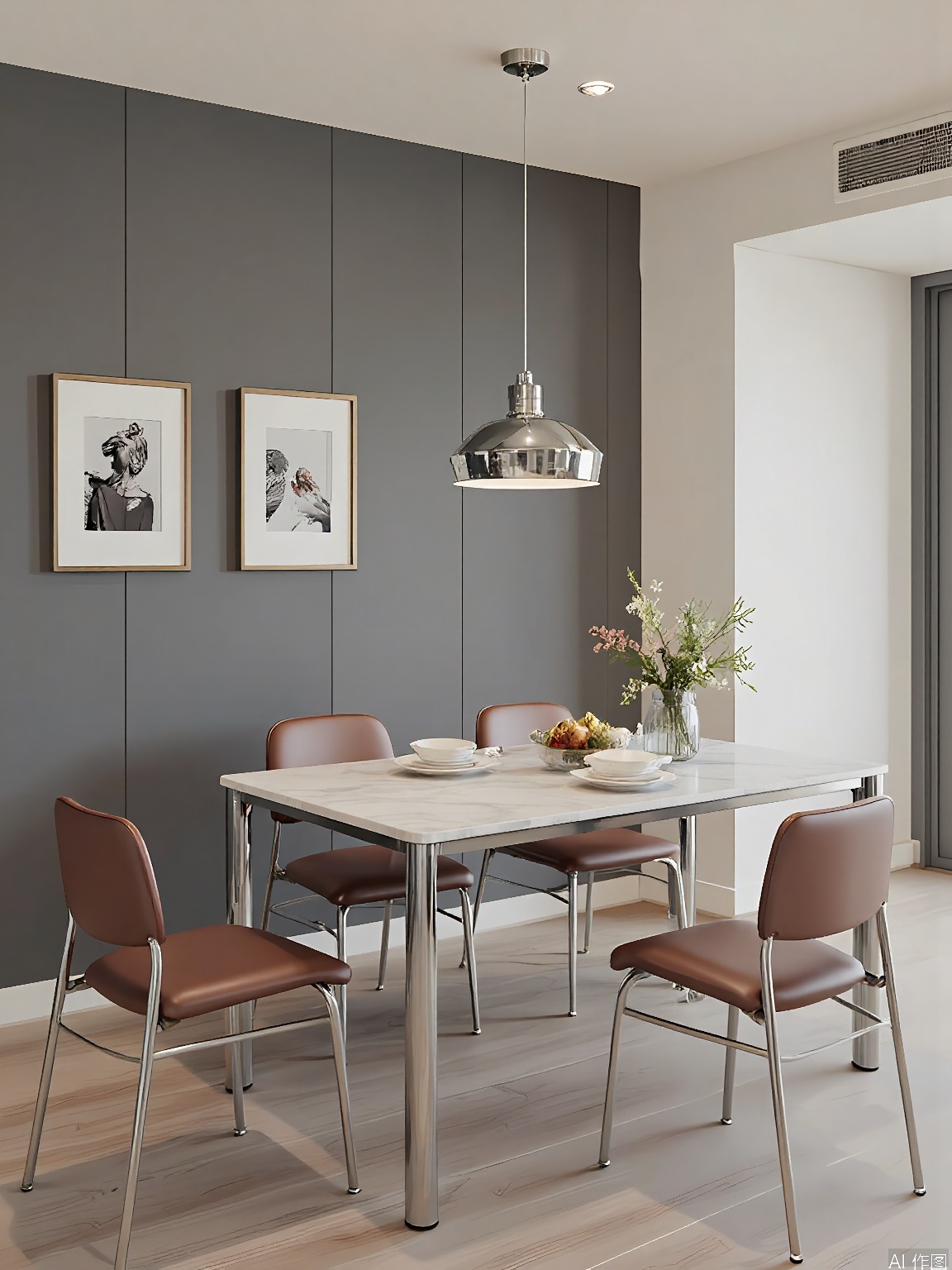 CTZX, A contemporary dining room with a minimalist aesthetic, featuring a white marble table and four chairs with leather seats and chrome frames. The chairs have a sleek, modern design. The table is set with a simple glass vase and a set of white ceramic plates. A pendant light with a geometric metal shade hangs above the table, casting a clean, contemporary light. The background wall is painted in a pale gray, and the floor is covered in a light wood plank with a matte finish. The overall style is understated and elegant, with a focus on simplicity and clean lines.