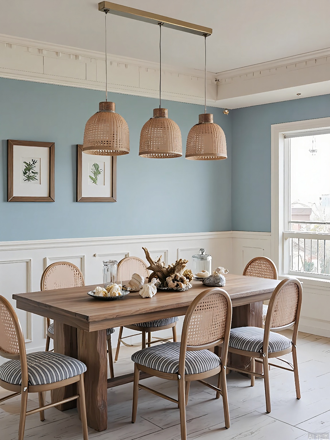 CTZX, A coastal dining room with a nautical aesthetic, featuring a weathered wood table and six chairs with striped upholstery and rope detailing. The chairs have a relaxed, beachy vibe. The table is set with a glass jar of seashells and a centerpiece of driftwood and coral. Three pendant lights with woven rattan shades hang above the table, casting a soft, coastal light. The background wall is painted in a soft blue, and the floor is covered in a light wood plank with a distressed finish. The overall style is casual and breezy, with a focus on natural materials and a coastal color palette.