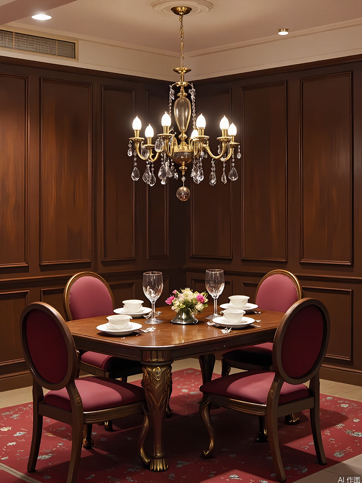 CTZX, A traditional dining room with a formal aesthetic, featuring a mahogany table and eight upholstered chairs in a deep burgundy velvet. The chairs have carved details and gold-leaf accents. The table is set with a silver centerpiece and a set of fine china. A chandelier with crystal droplets and candlesticks hangs above the table, casting a warm, elegant light. The background wall is paneled in dark wood, and the floor is covered in a rich, red carpet. The overall style is sophisticated and timeless, with a focus on classic materials and intricate details.
