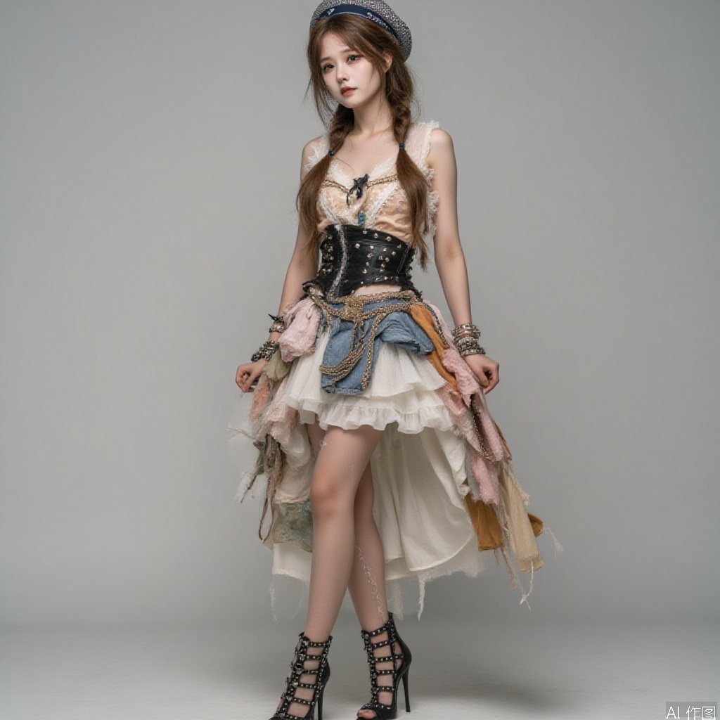 A peculiar dress made of discarded fashion clothes with a flowing skirt, showing her unique insights and creativity in fashion. Paired with transparent stockings, she outlined her slender legs, and she wore a pair of black high heels decorated with rivets and chains. Her hair is braided into a delicate bun, she wears a fashionable hat on her head, and several strings of fashionable design bracelets hang on her arms. Her eyes reveal her love for fashion and her pursuit of creativity