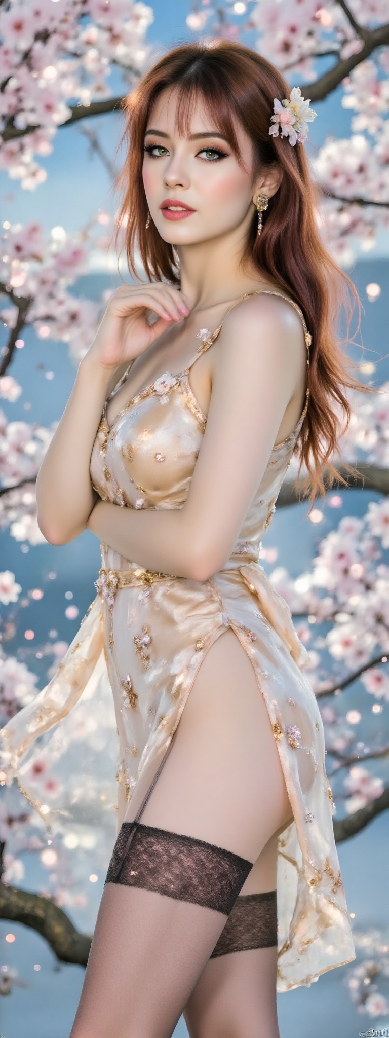 Top quality. Image content: A full-body portrait of a solitary young woman,  gazing at the viewer. She has flowing,  long...