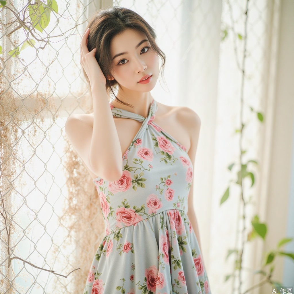 1girl,halter_dress,flower,