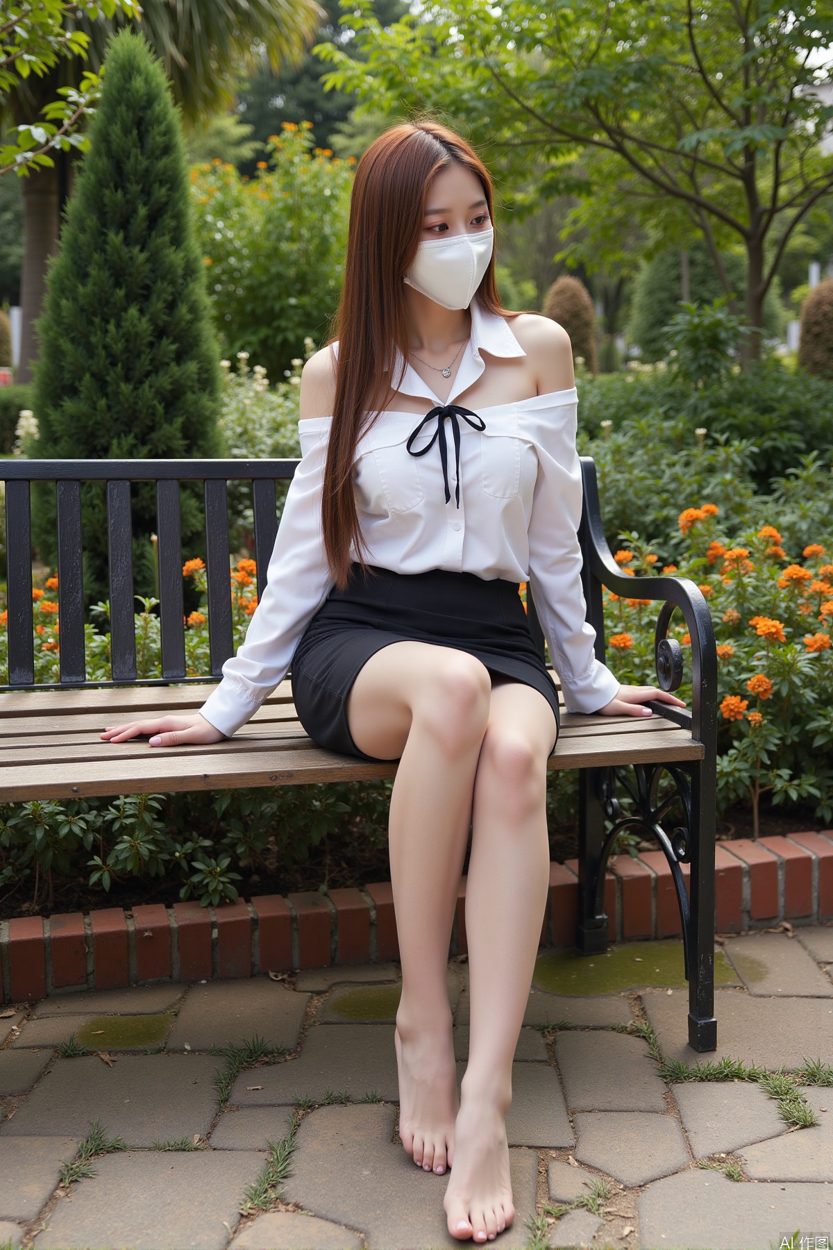 Realistic photo, one young woman, wearing a mask, long hair, fair skin, big breasts, off-shoulder shirt, pencil skirt, pantyhose, long legs, not wearing shoes, full body, sitting, bench, luxurious garden, flowers,