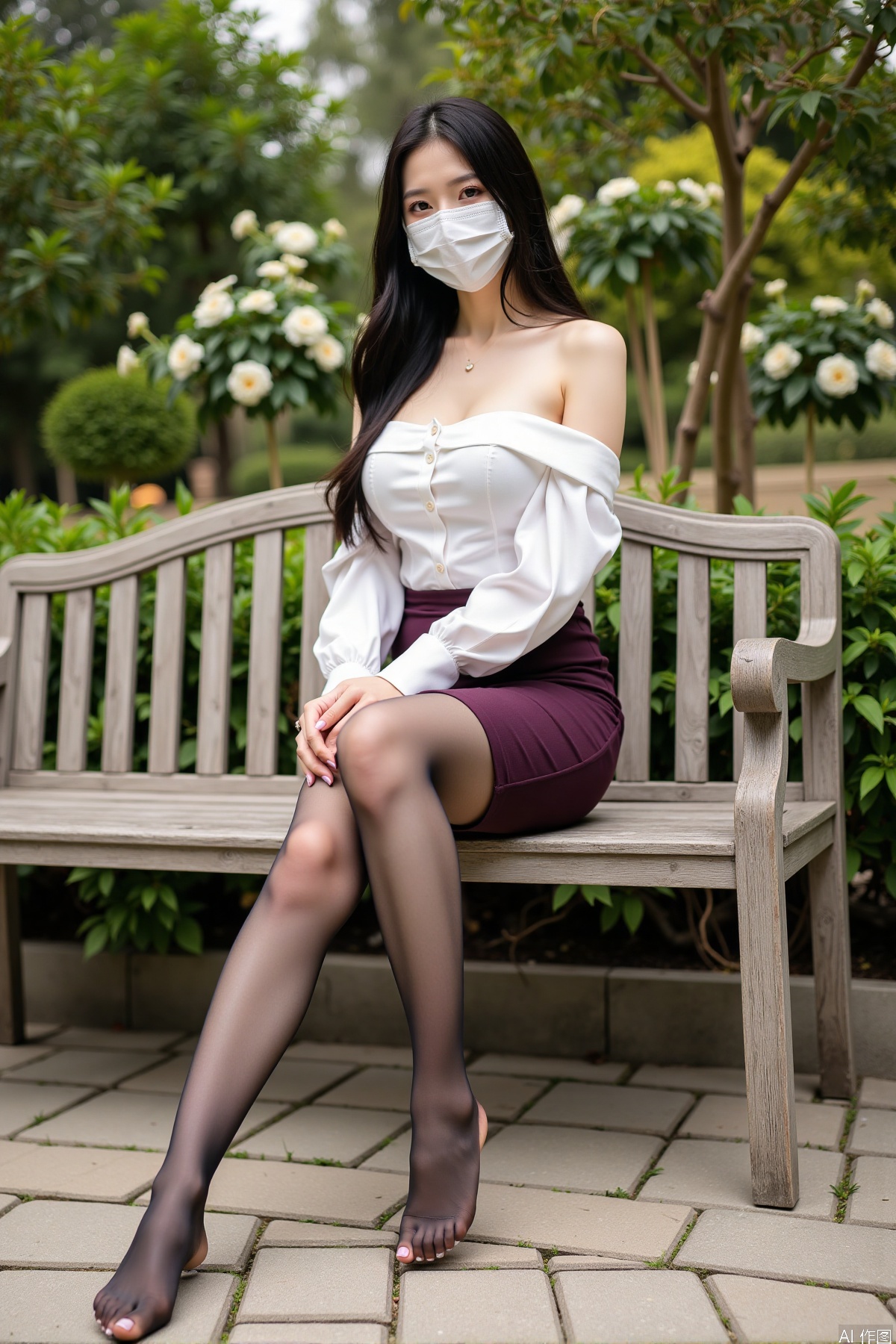 Realistic photo, one young woman, wearing a mask, long hair, fair skin, big breasts, off-shoulder shirt, pencil skirt, pantyhose, long legs, not wearing shoes, full body, sitting, bench, luxurious garden, flowers,