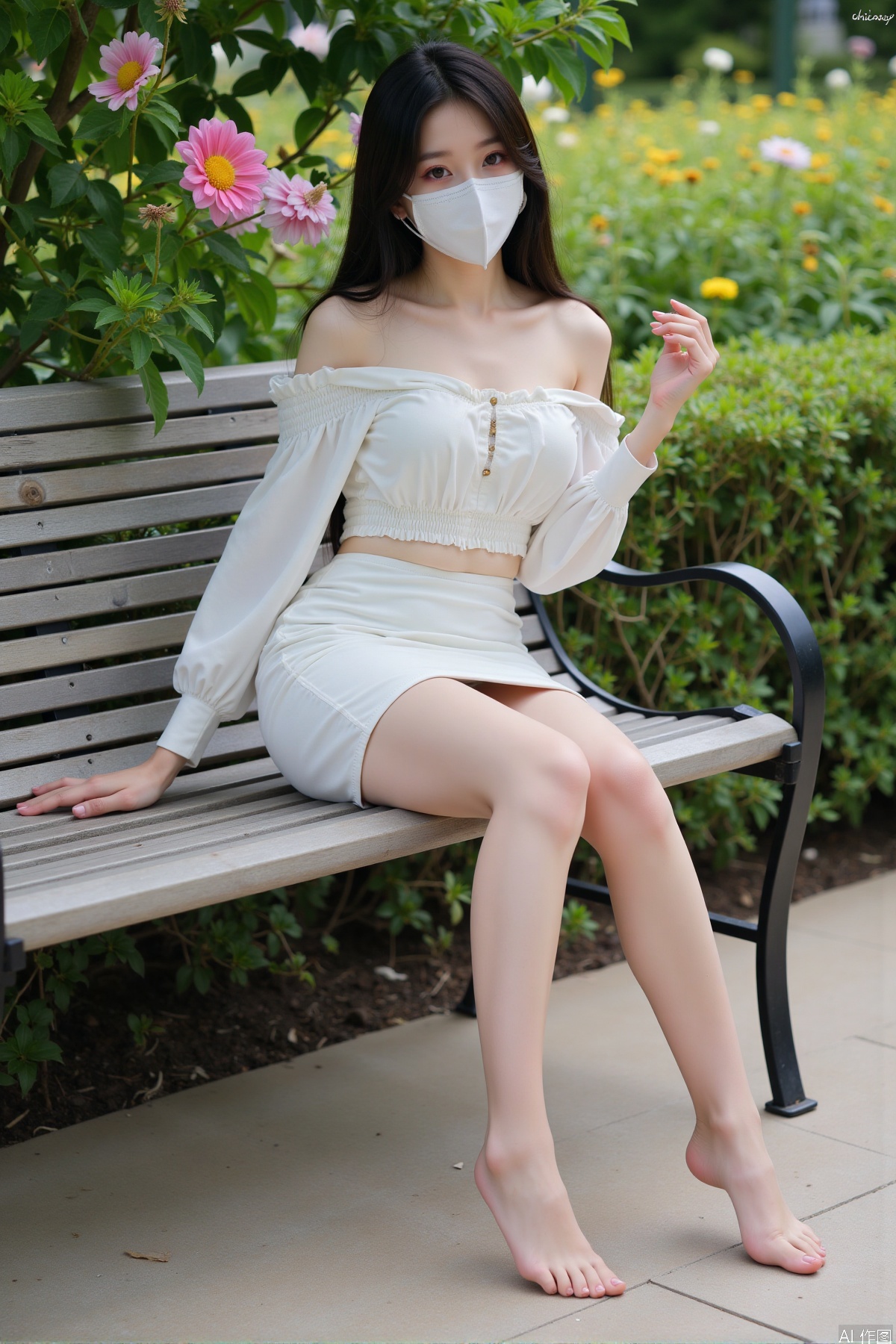 Realistic photo, one young woman, wearing a mask, long hair, fair skin, big breasts, off-shoulder shirt, pencil skirt, long legs, not wearing shoes, pantyhose, full body, sitting, bench, luxurious garden, flowers,