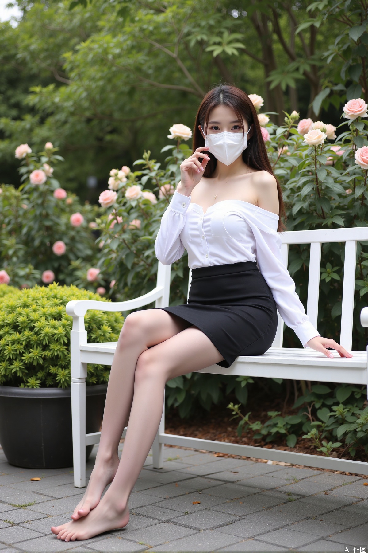 Realistic photo, one young woman, wearing a mask, long hair, fair skin, big breasts, off-shoulder shirt, pencil skirt, pantyhose, long legs, not wearing shoes, full body, sitting, bench, luxurious garden, flowers,