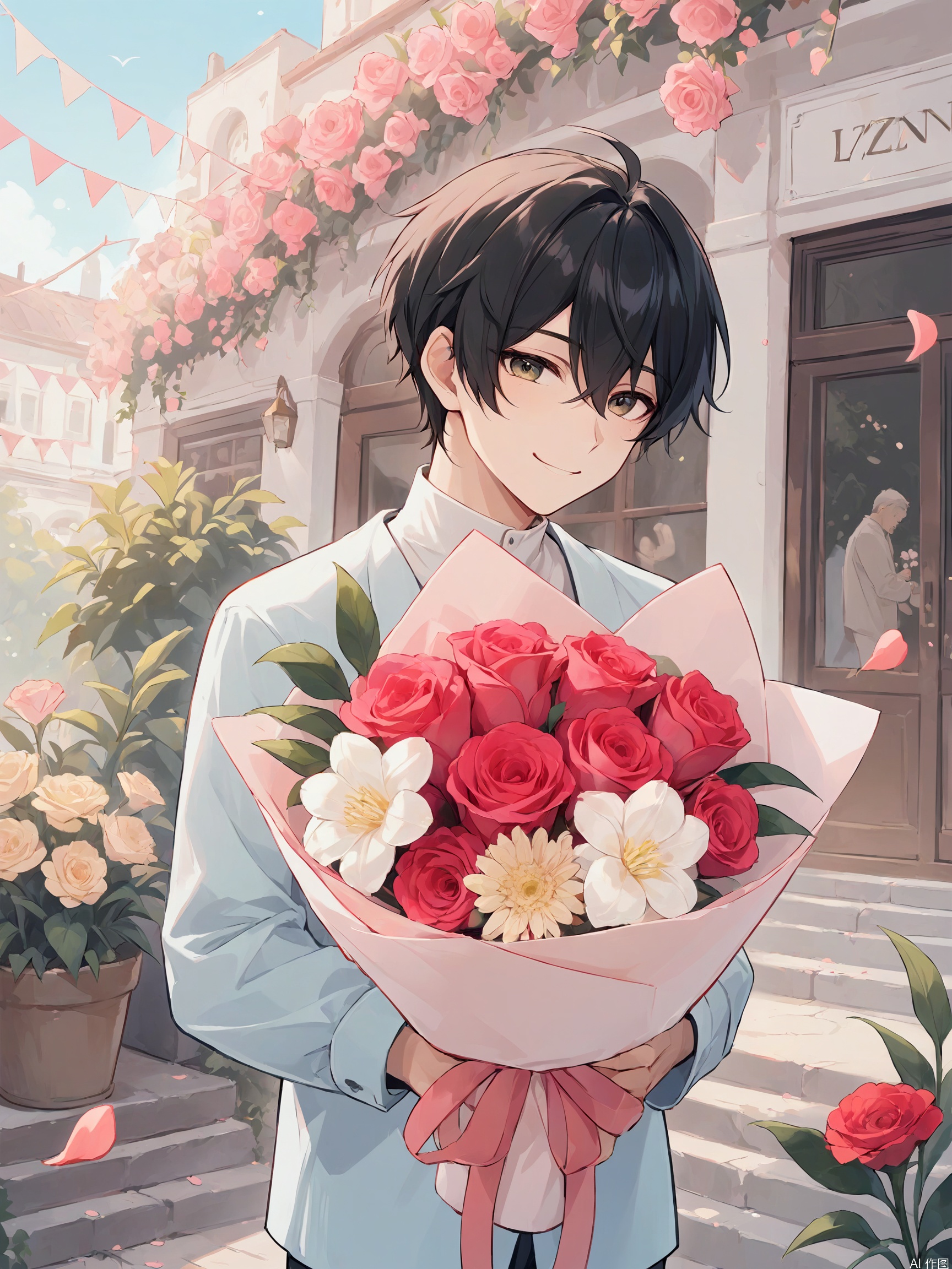 LZNZ,1boy, smile,Holding a bouquet of flowers,Romantic Background