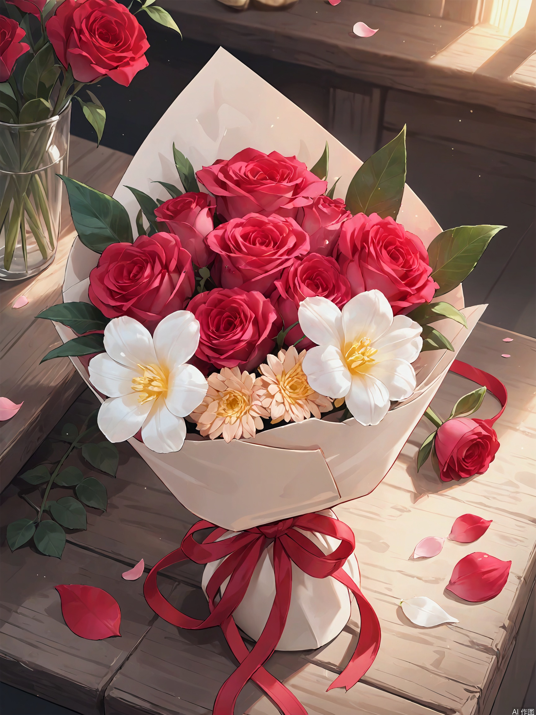 A delicate arrangement of fresh-cut blooms on a rustic wooden table, set against a soft-focus blurred background. The flowers' petals are slightly ruffled, and their stems are tied together with a simple twine bow. Warm golden light falls upon the scene from above, highlighting the intricate details of each petal and leaf. The bouquet's centerpiece flower, a majestic red rose, takes center stage as the main focal point.