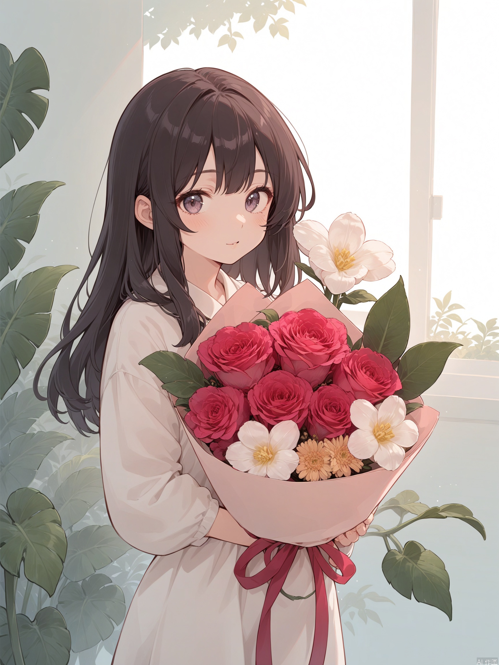 Illustration style, a girl holding a flowers