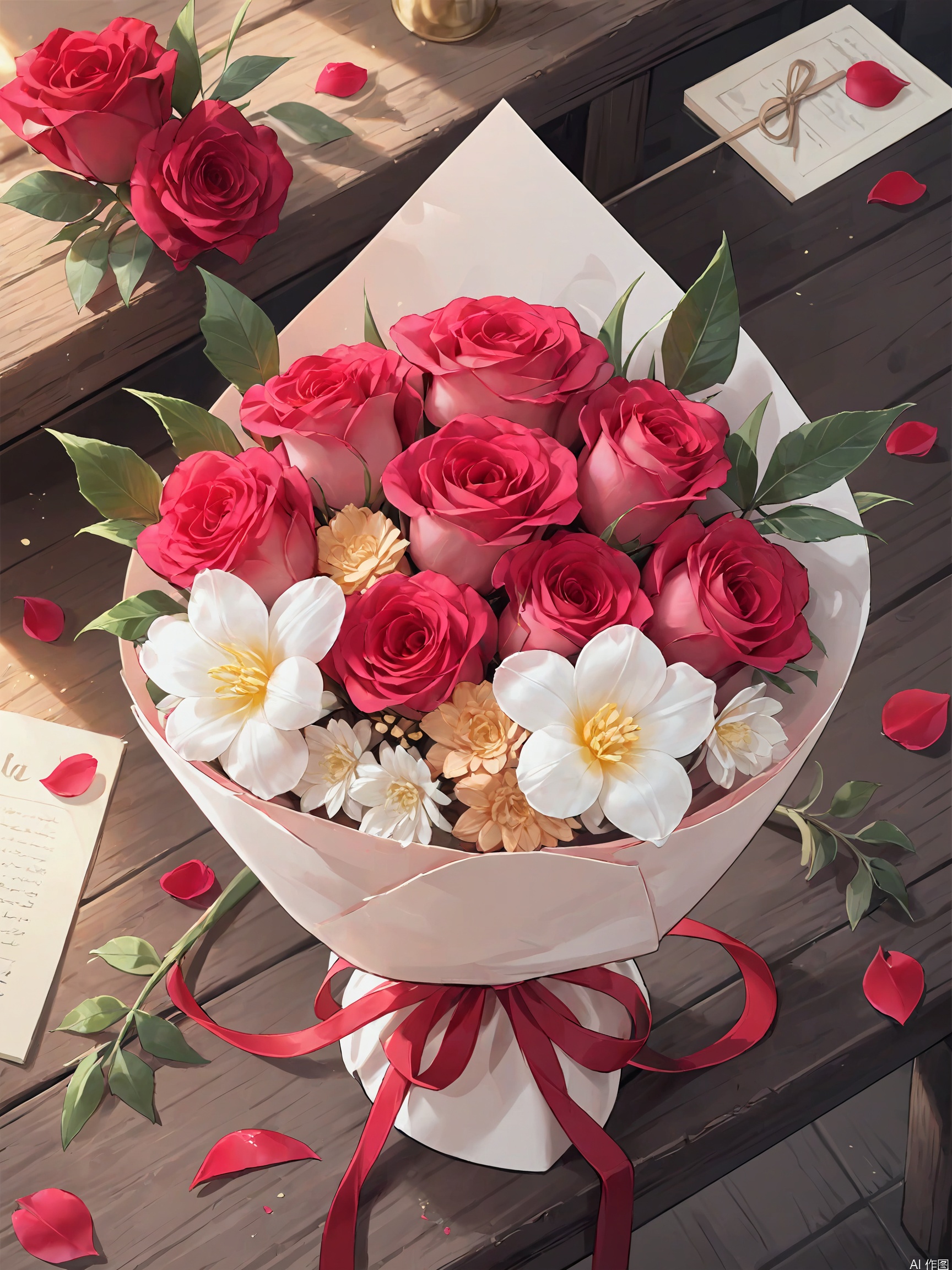 A delicate arrangement of fresh-cut blooms on a rustic wooden table, set against a soft-focus blurred background. The flowers' petals are slightly ruffled, and their stems are tied together with a simple twine bow. Warm golden light falls upon the scene from above, highlighting the intricate details of each petal and leaf. The bouquet's centerpiece flower, a majestic red rose, takes center stage as the main focal point.