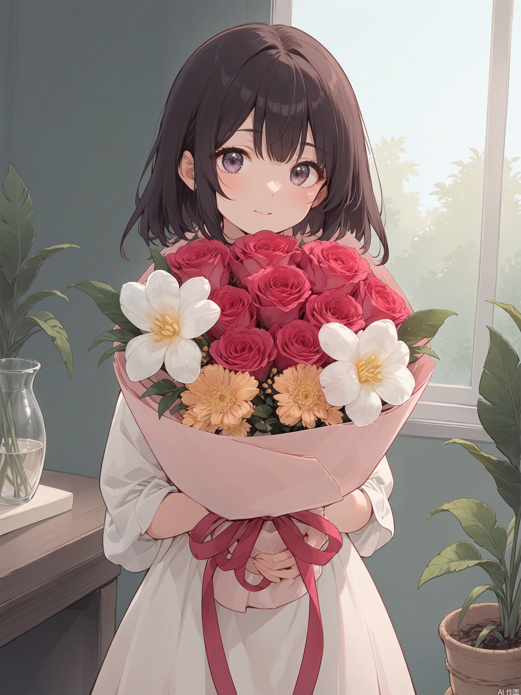 Illustration style, a girl holding a bouquet of flowers