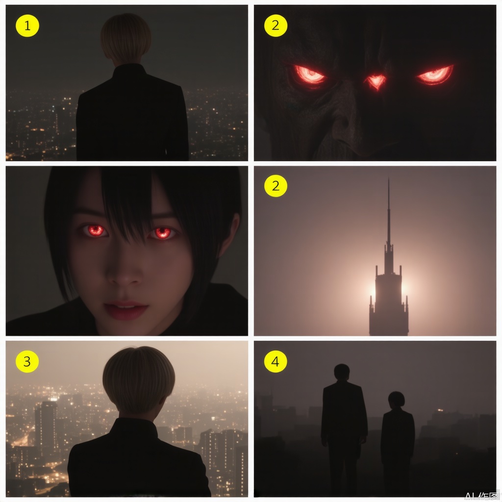 The image is a series of panels arranged in a grid format, each depicting a scene with a character in the foreground and a cityscape in the background. The panels are framed with a bright yellow border.

1. The first panel shows a cityscape at night, illuminated by numerous lights, with a prominent tower in the distance.
2. The second panel features a close-up of a character with short, dark hair, looking downward.
3. The third panel shows another character standing in the distance, looking towards the first character.
4. The fourth panel depicts the first character standing alone, looking at the cityscape.
5. The fifth panel shows the first character looking at a large, ominous figure with glowing red eyes, which appears menacing.
6. The sixth panel shows the figure's face, with its eyes glowing intensely.

The overall scene has a dark and mysterious atmosphere, with the glowing red eyes suggesting a sense of danger or supernatural presence. The cityscape in the background adds to the sense of scale and isolation.