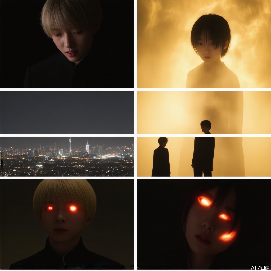 The image is a series of panels arranged in a grid format, each depicting a scene with a character in the foreground and a cityscape in the background. The panels are framed with a bright yellow border.

1. The first panel shows a cityscape at night, illuminated by numerous lights, with a prominent tower in the distance.
2. The second panel features a close-up of a character with short, dark hair, looking downward.
3. The third panel shows another character standing in the distance, looking towards the first character.
4. The fourth panel depicts the first character standing alone, looking at the cityscape.
5. The fifth panel shows the first character looking at a large, ominous figure with glowing red eyes, which appears menacing.
6. The sixth panel shows the figure's face, with its eyes glowing intensely.

The overall scene has a dark and mysterious atmosphere, with the glowing red eyes suggesting a sense of danger or supernatural presence. The cityscape in the background adds to the sense of scale and isolation.