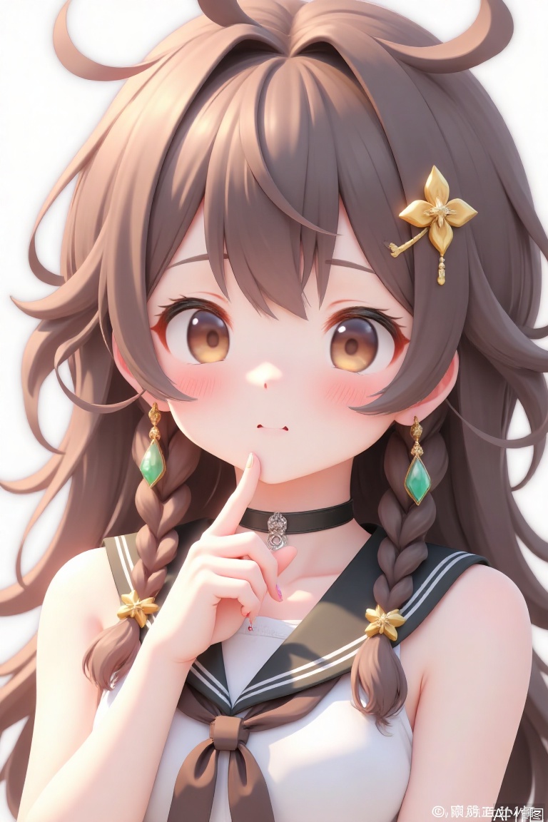 1girl,solo,brown hair,hair ornament,looking at viewer,brown eyes,long hair,earrings,closed mouth,smile,jewelry,weibo username,portrait,ribbon