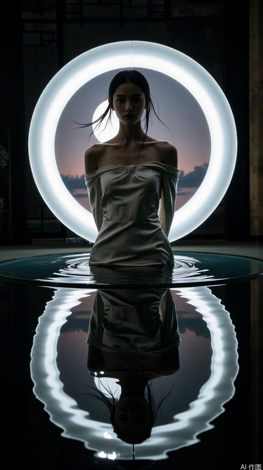 Oriental mirror philosophical composition, girl standing in a round waterscape in an off-shoulder silk outfit, reflection completely replicating the main shape, ring light strengthens the face and clavicle lines, double visual extension of hair, symmetric surreal light