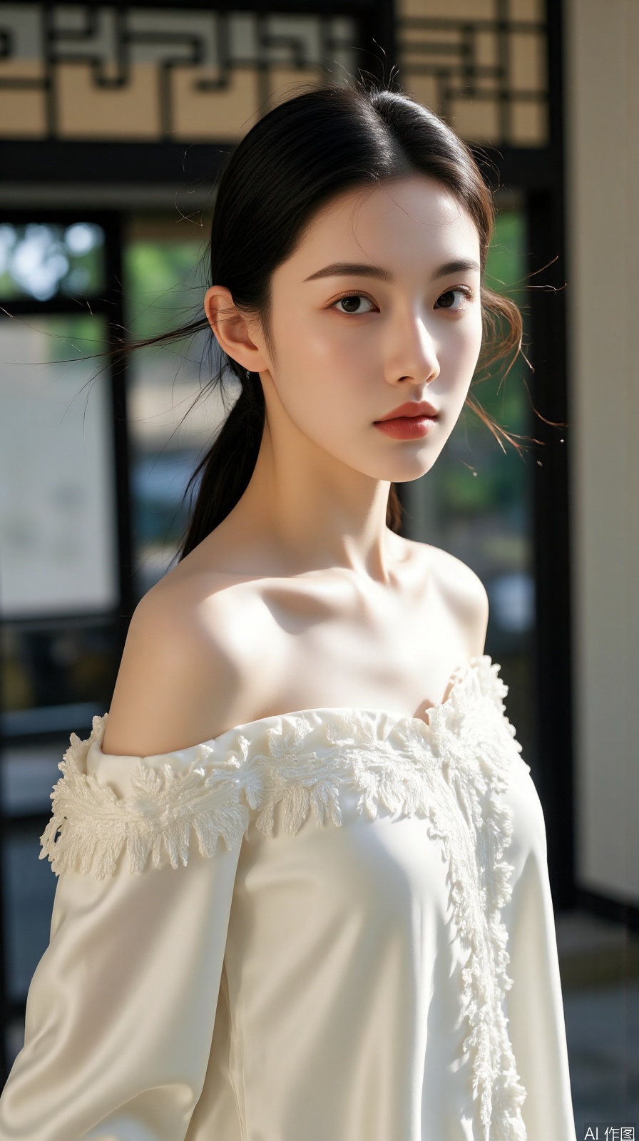 White silk off-shoulder oriental girl