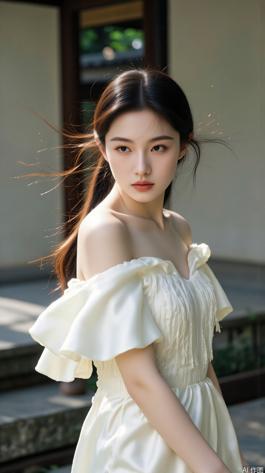 White silk off-shoulder oriental girl